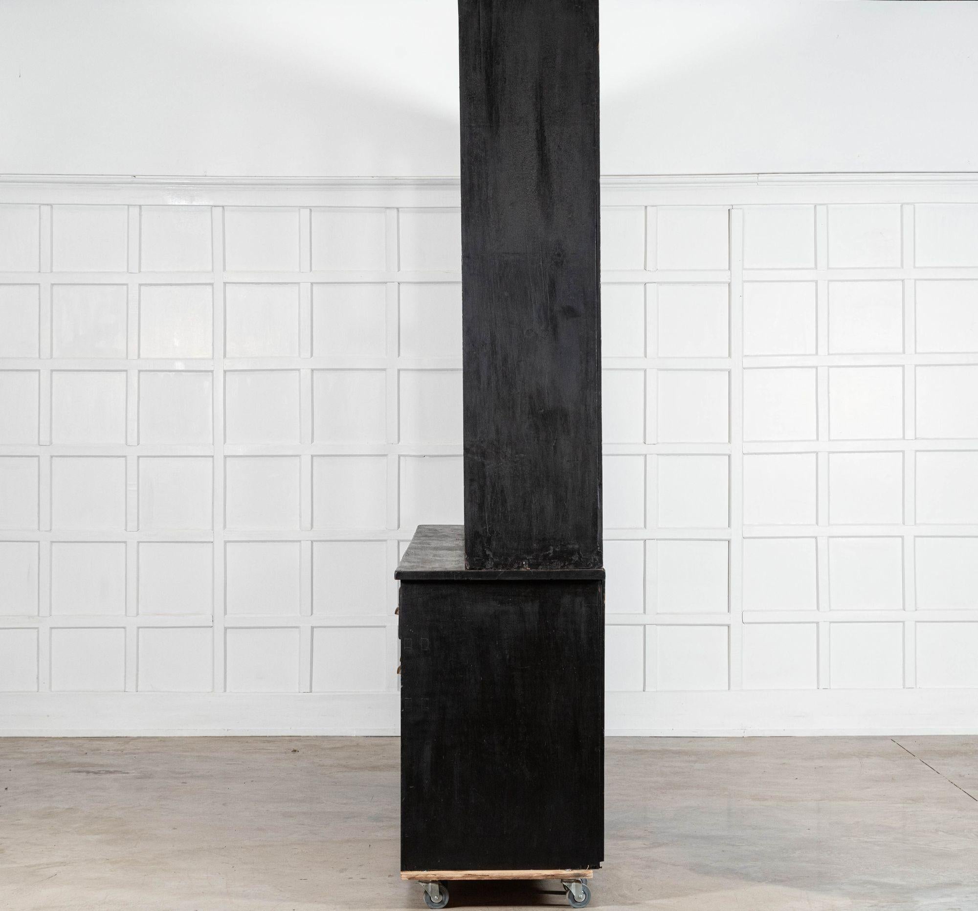 Monumental 19thC English Ebonised Pine Housekeepers / Haberdashery Cabinet For Sale 4