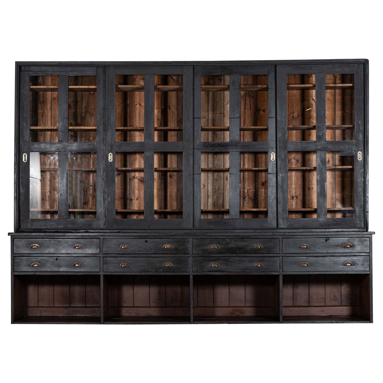Monumental 19thC English Ebonised Pine Housekeepers / Haberdashery Cabinet For Sale