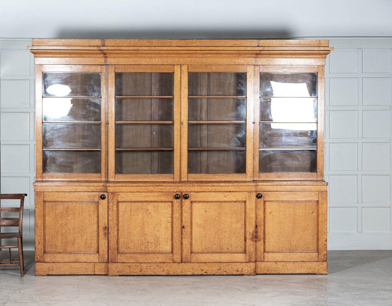19th Century Monumental 19thC English Glazed Oak Breakfront Bookcase For Sale