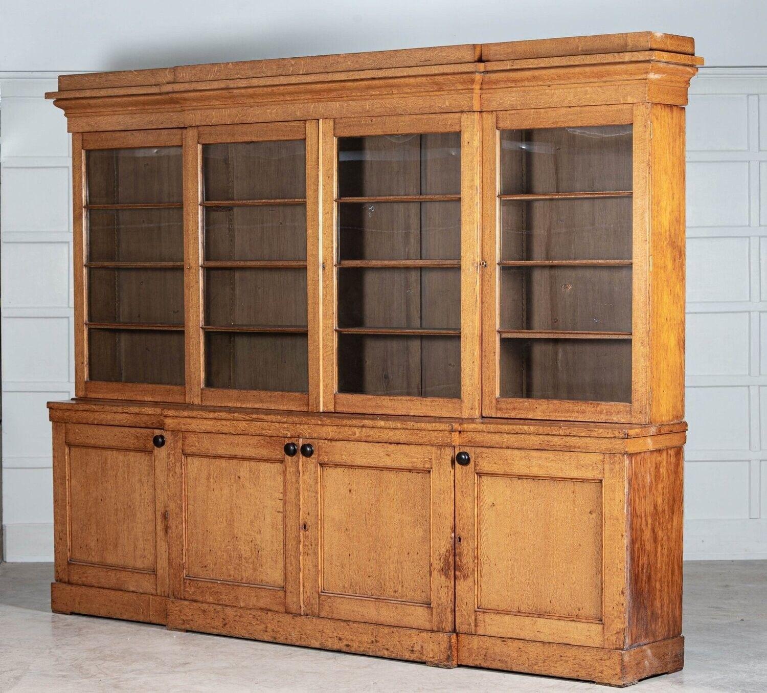 Monumental 19thC English Glazed Oak Breakfront Bookcase For Sale 1