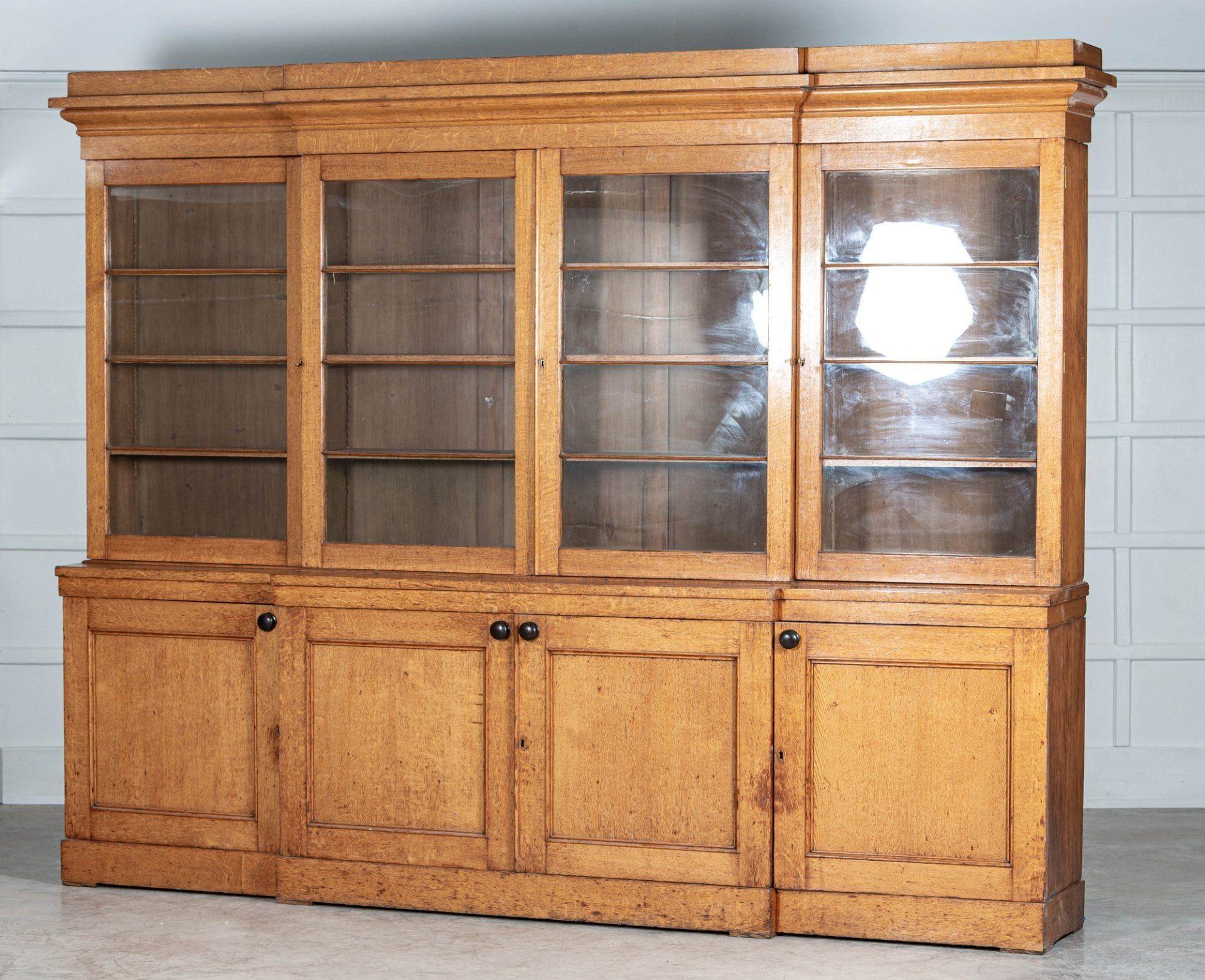 Monumental 19thC English Glazed Oak Breakfront Bookcase For Sale 5