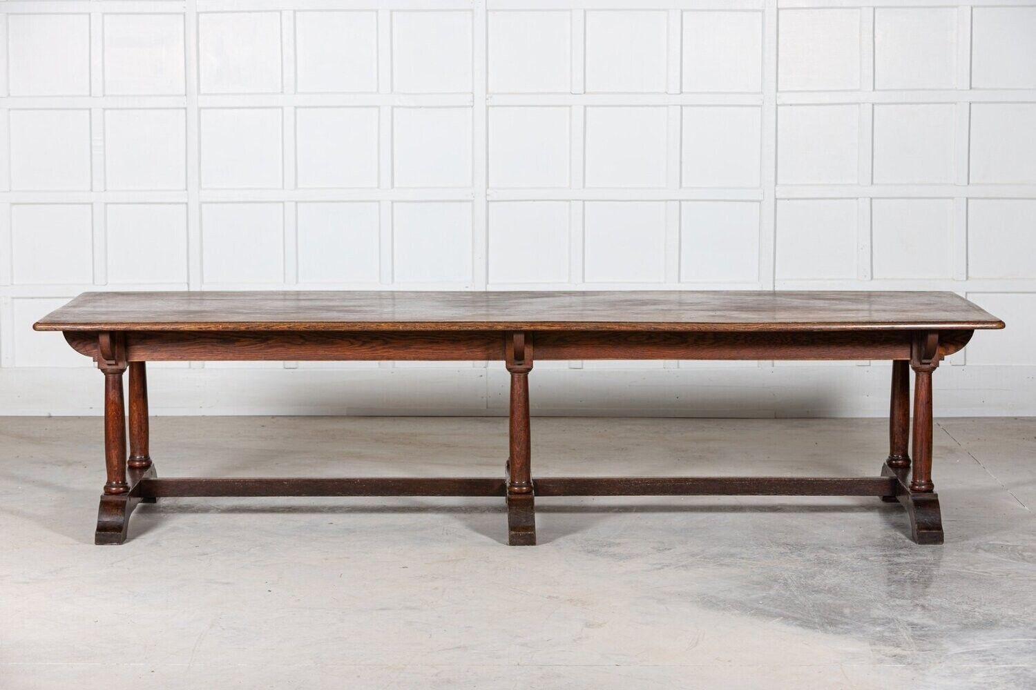 circa 1880
Monumental 19thC English oak refectory dining table.
Measures: W 305 x D 90 x H 73 cm.
Apron 58cm.
 