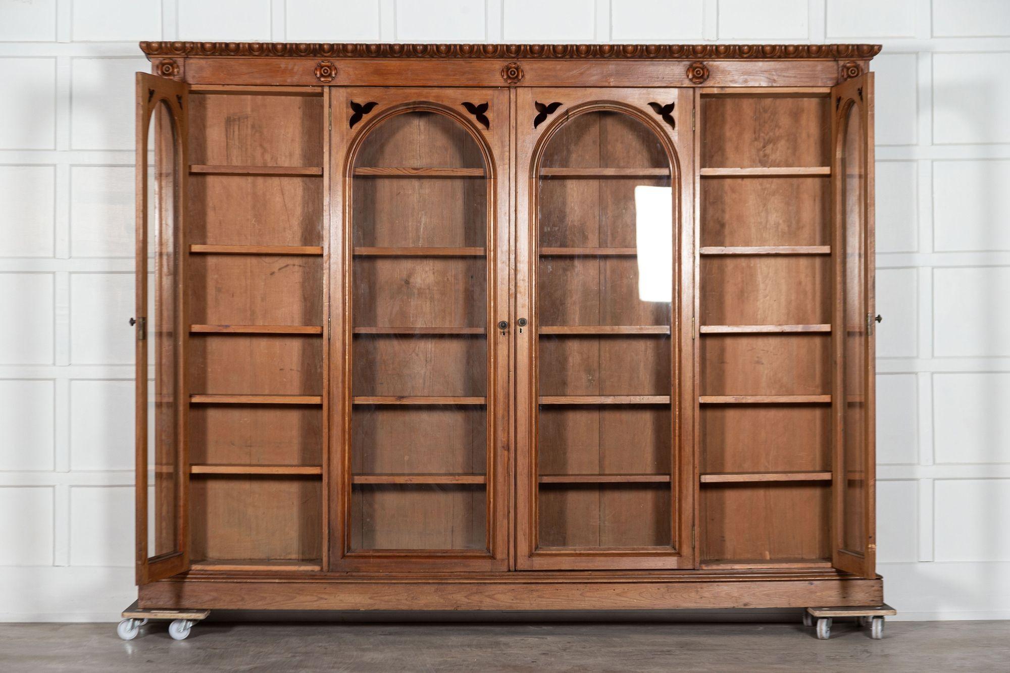 Monumental 19th Century English Pine Arched Glazed Bookcase In Good Condition For Sale In Staffordshire, GB