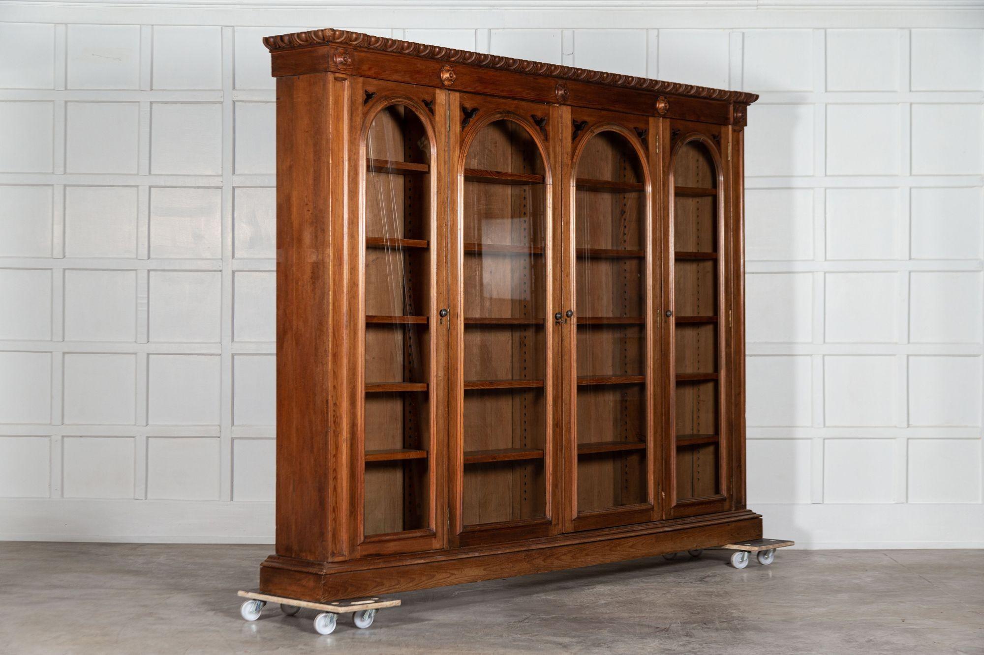 Monumental 19th Century English Pine Arched Glazed Bookcase For Sale 2