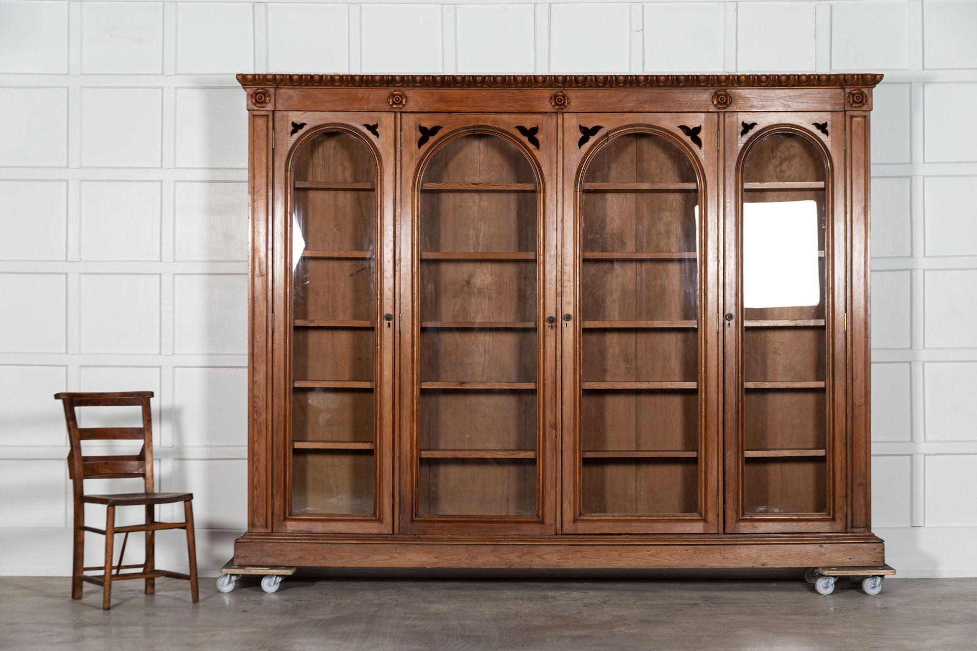Monumental 19th Century English Pine Arched Glazed Bookcase For Sale 3