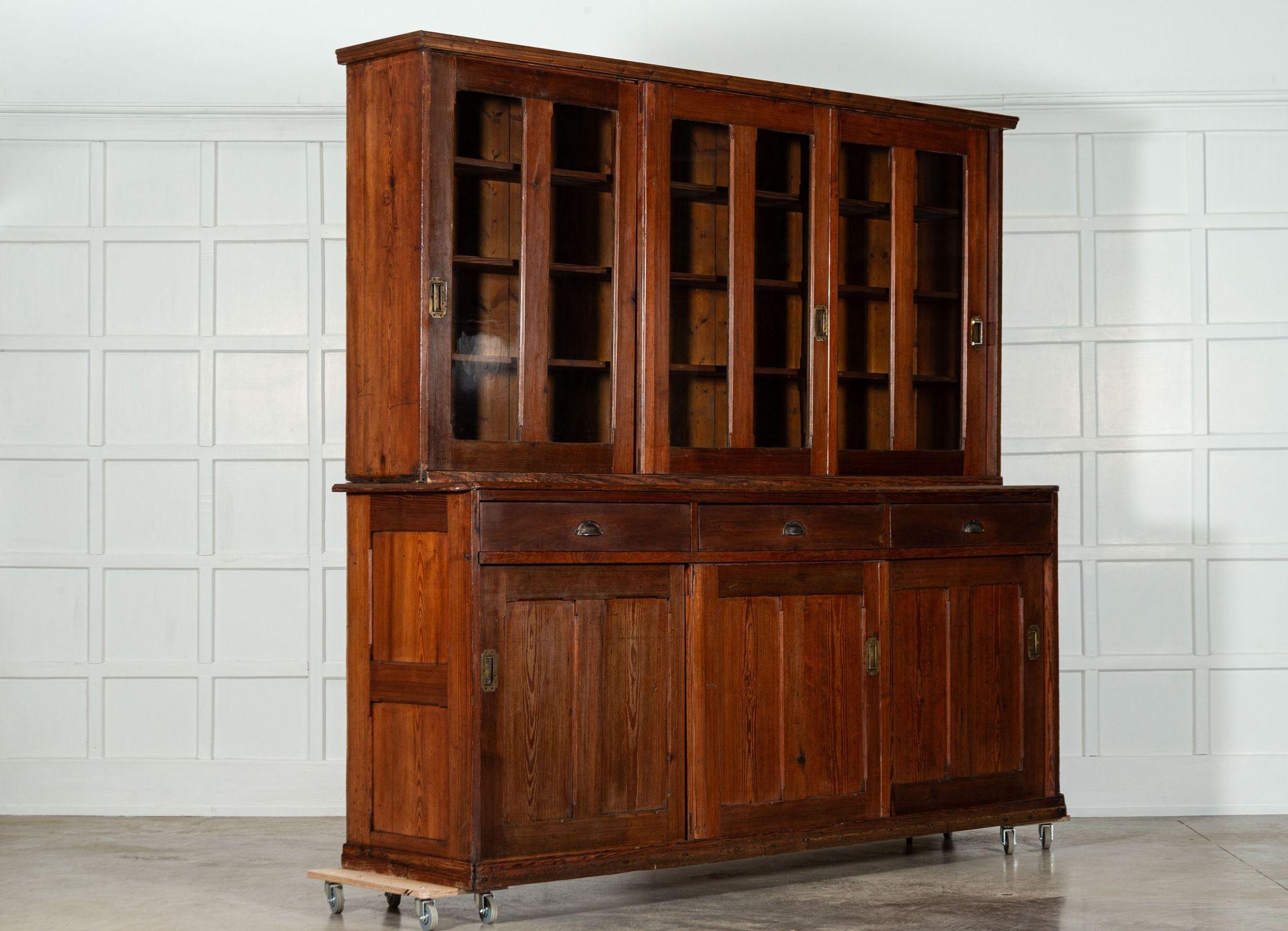 circa 1870
Monumental 19thC English Pine Country House Glazed Dresser
sku 1884
Base W250 x D63 x H110 cm
Top W250 x D41 x H123 cm
Together W250 x D63 x H223 cm
Internal shelf depth top 29 cm
Internal shelf depth base 50 cm
Weight 270 kg