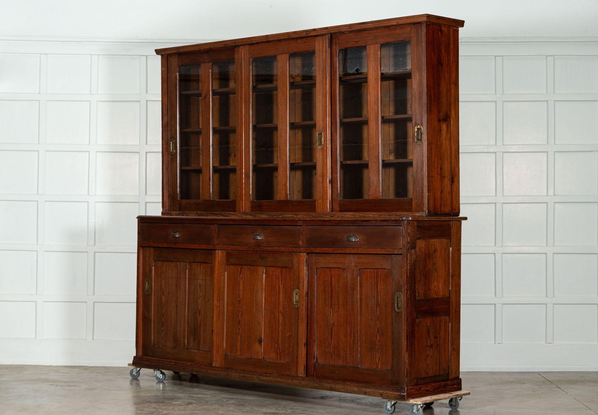 19th Century Monumental 19thC English Pine Country House Glazed Dresser For Sale