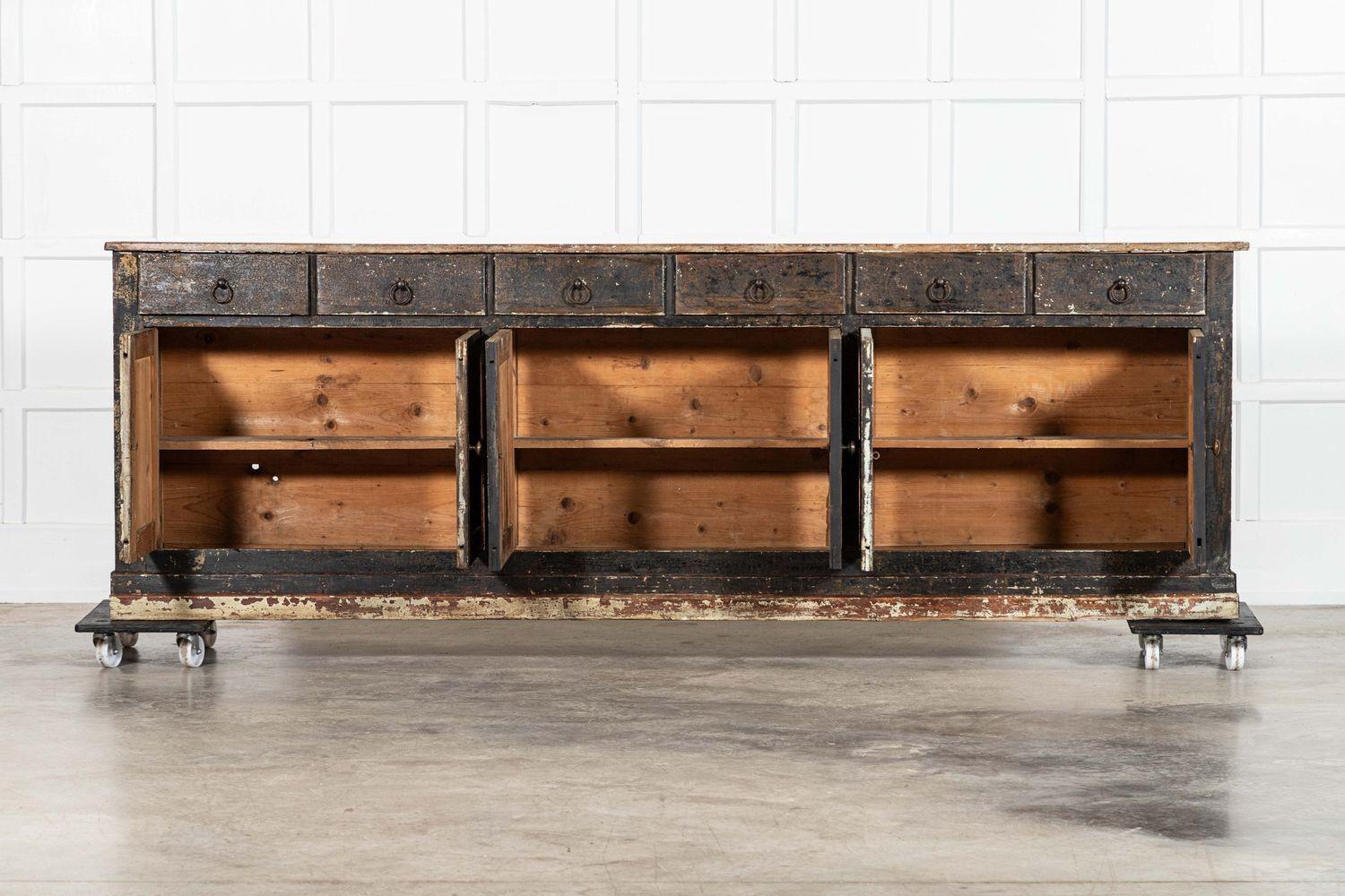 Circa 1890
Monumental 19thC French Vernacular Painted Pine Dresser Base
An exceptional example of colour, patination & scale
sku 1979
W256 x D33 x H86 cm
Weight 68 kg