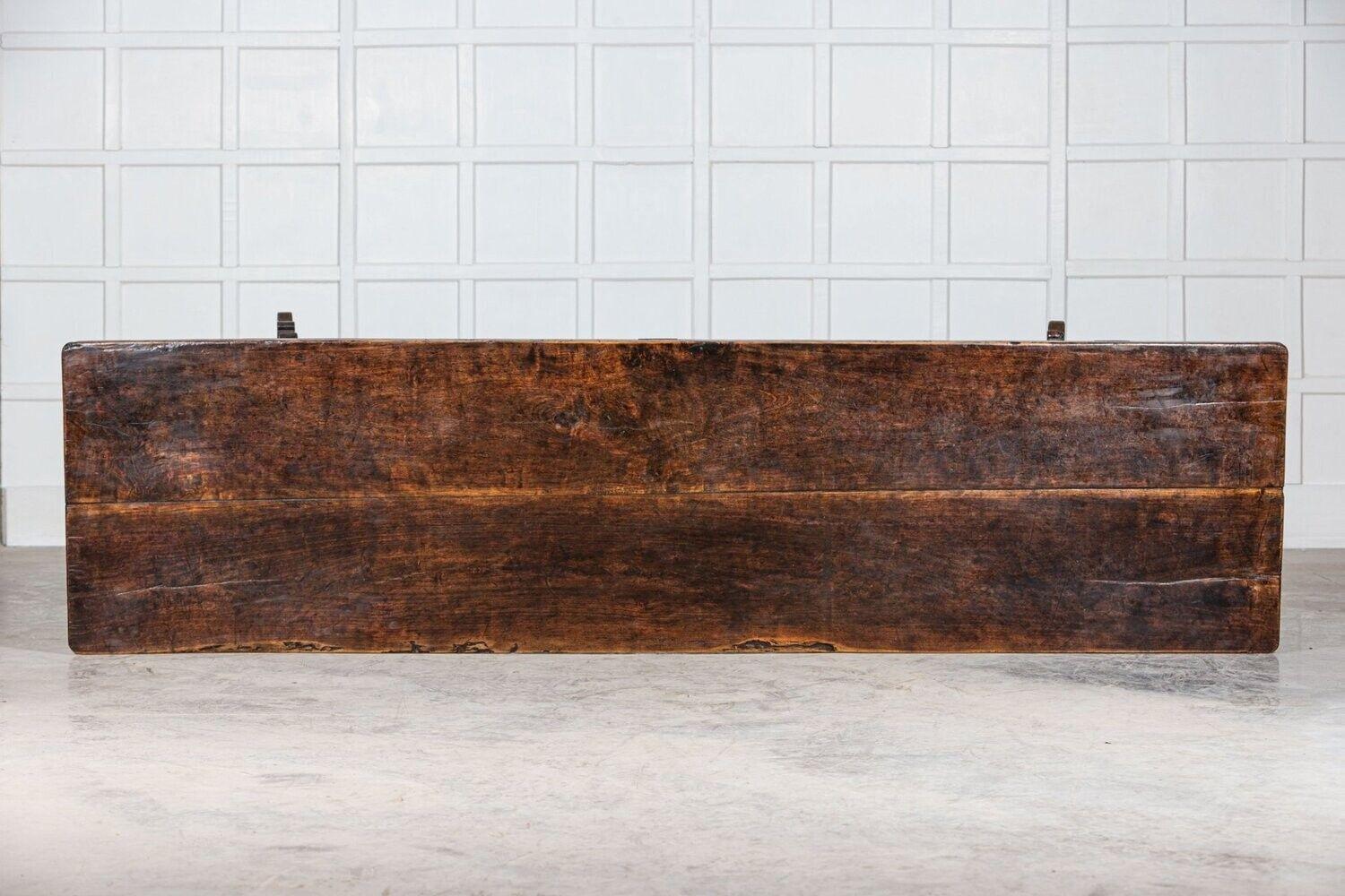 1850
Monumental 19th C Spanish walnut refectory table with two plank top.
sku 1248
Excellent form, patination and colour.
(chairs available but not inc)
Measures: W295 x D76 x H78 cm.