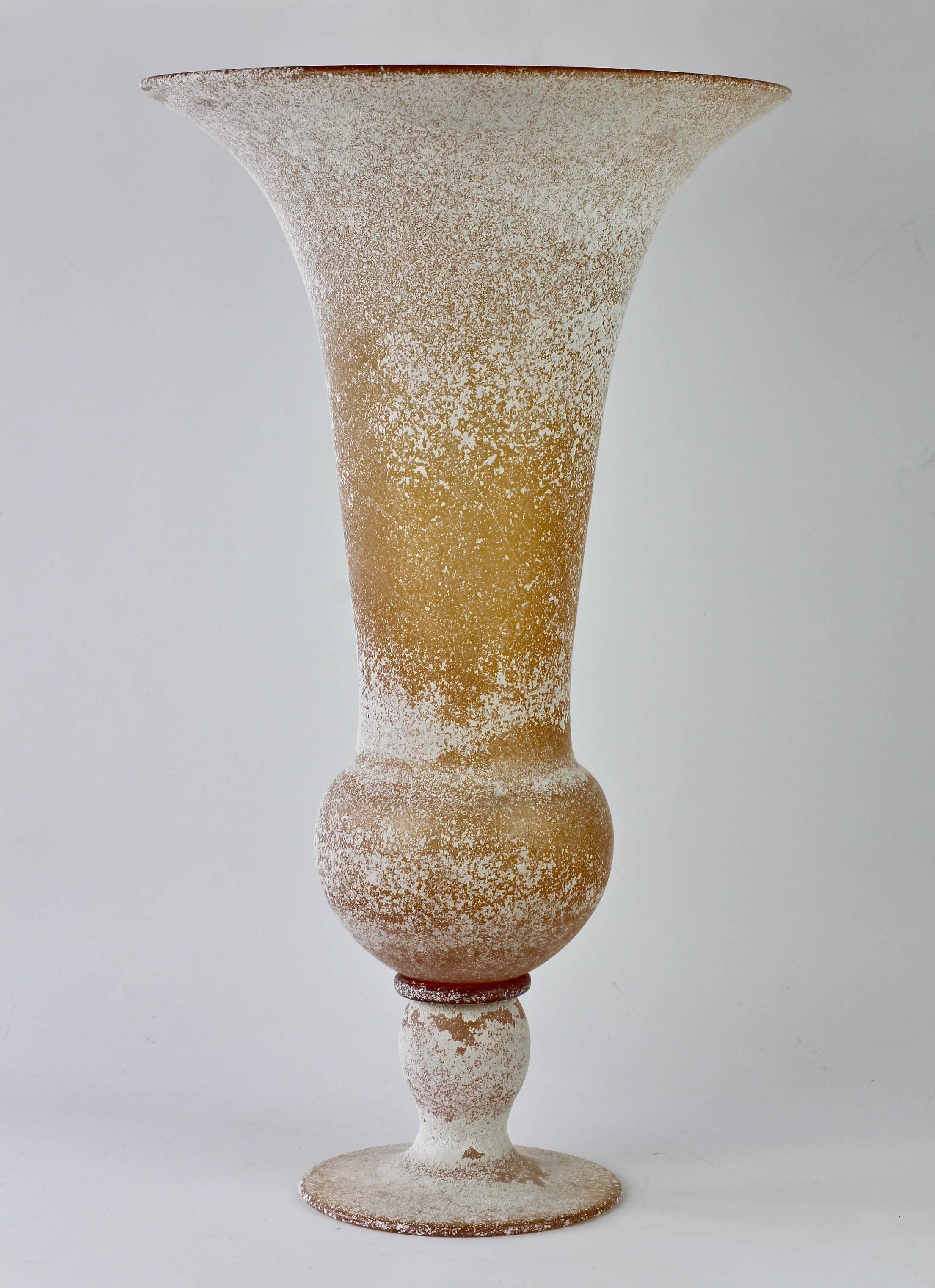 Monumental 20 inch tall 'a Scavo' amber colored / colored fluted glass vase by Seguso Vetri d'Arte Murano, Italy, circa 1960s. Elegant in form and showing extraordinary craftmanship with the use of the 'Scavo' technique. Above all, particularly