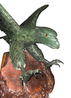 Monumental 20th century Chinese Spinach Jade Carved Eagle on Naturalistic Base