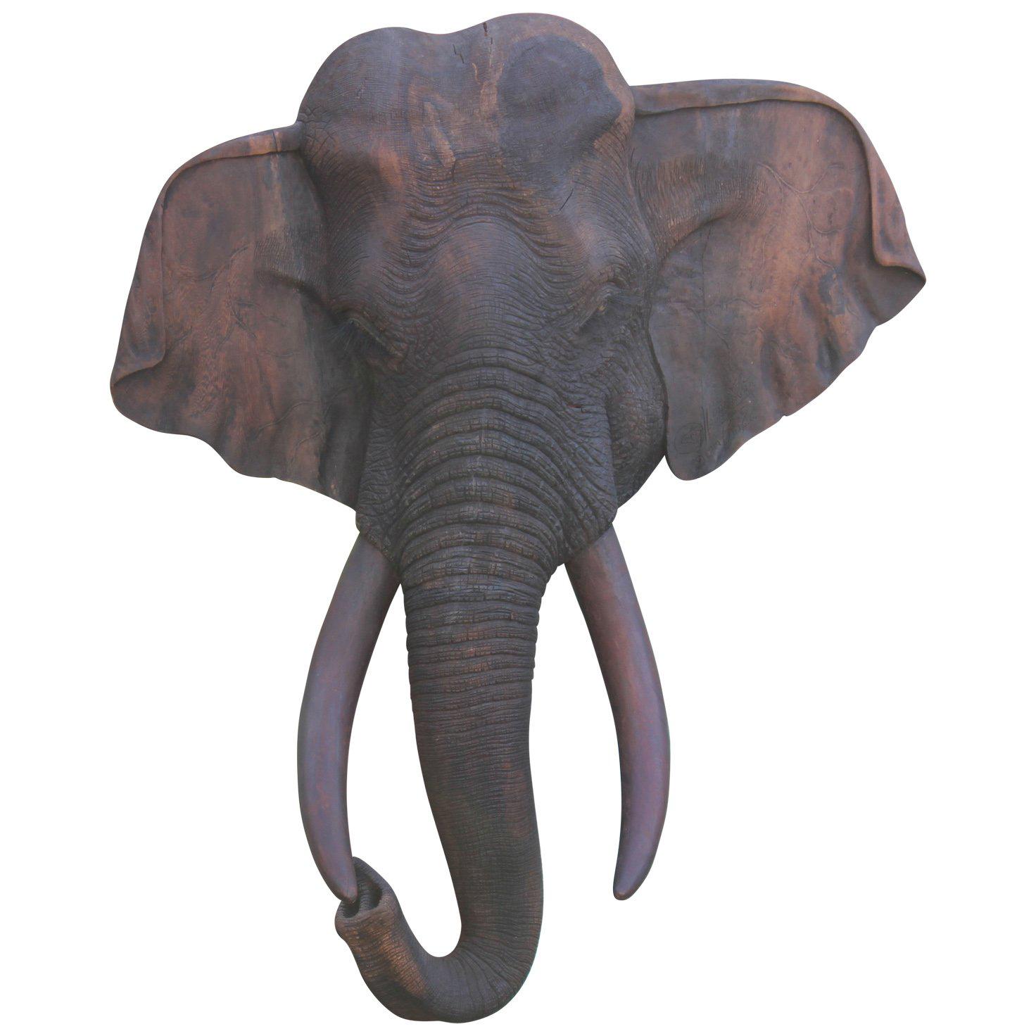 Monumental 20th Century Life-Like Carved Wooden Elephant Wall Sculpture