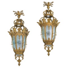 Monumental 20th Century Pair Of French Gilt Bronze & Crystal Lanterns