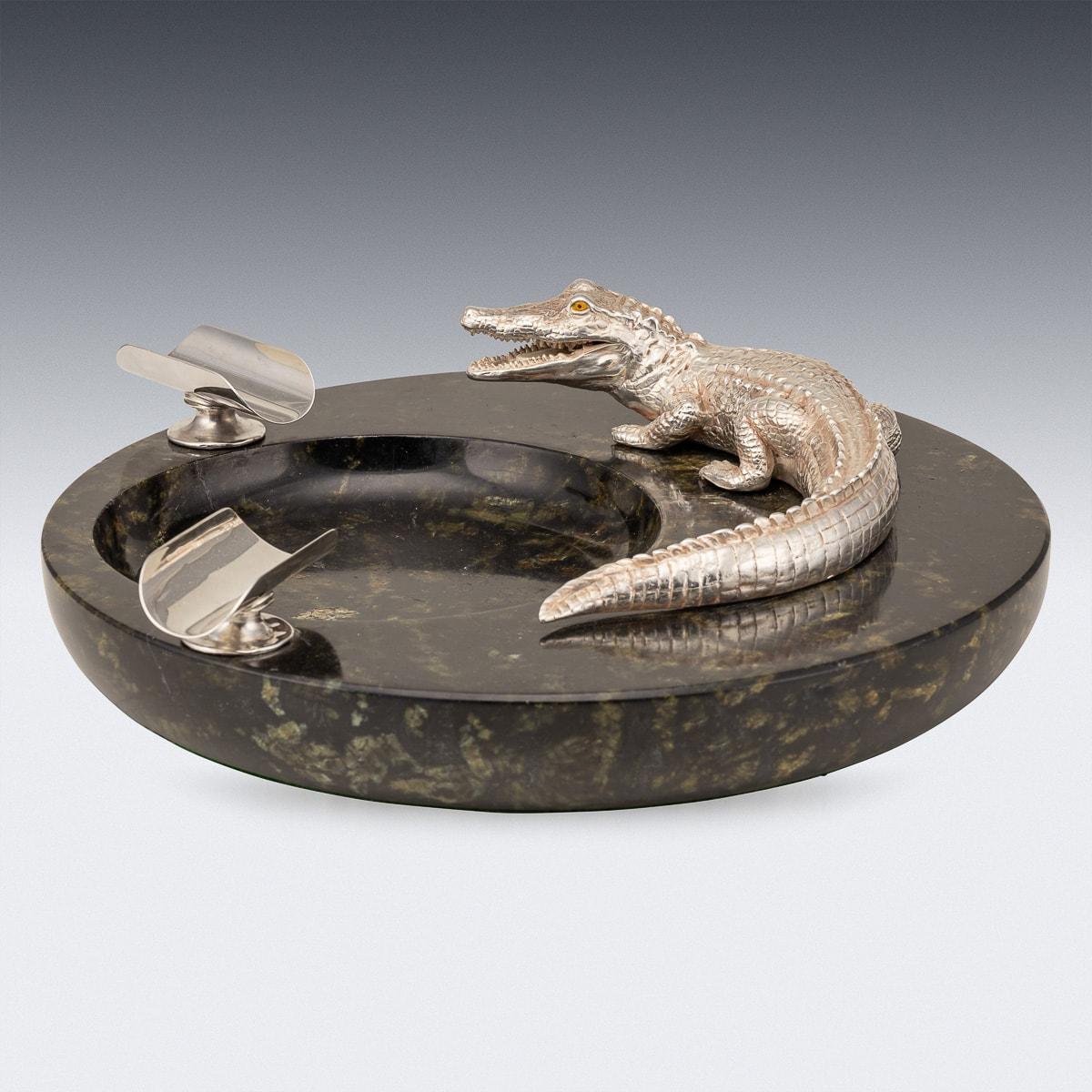 Monumental 20th Century Silver Plated Crocodile & Italian Marble Ashtray c.1970 In Good Condition In Royal Tunbridge Wells, Kent