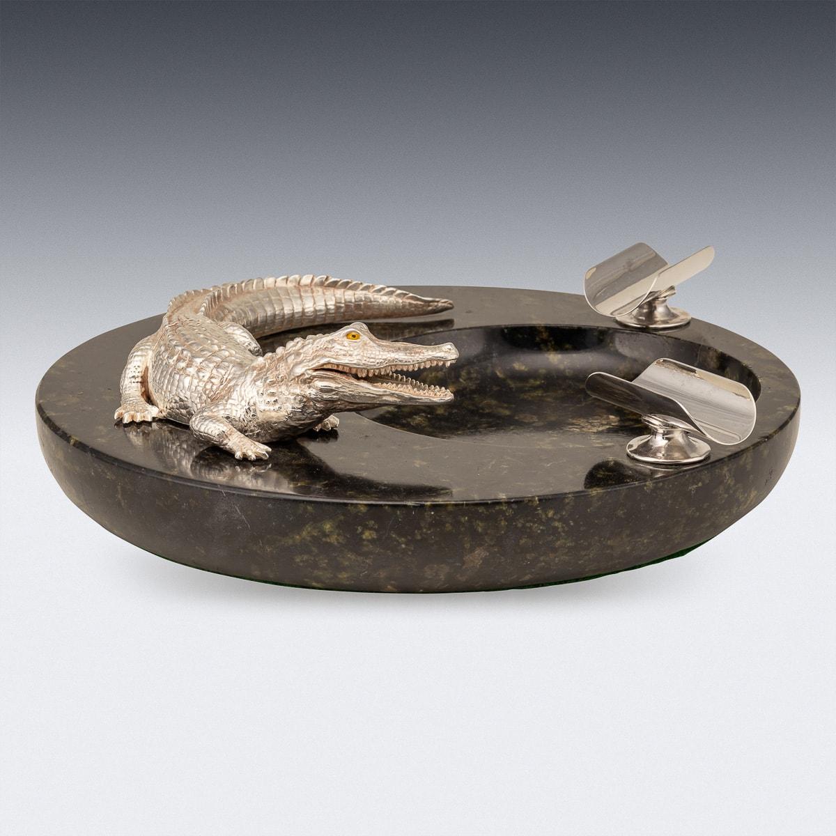 Monumental 20th Century Silver Plated Crocodile & Italian Marble Ashtray c.1970 1