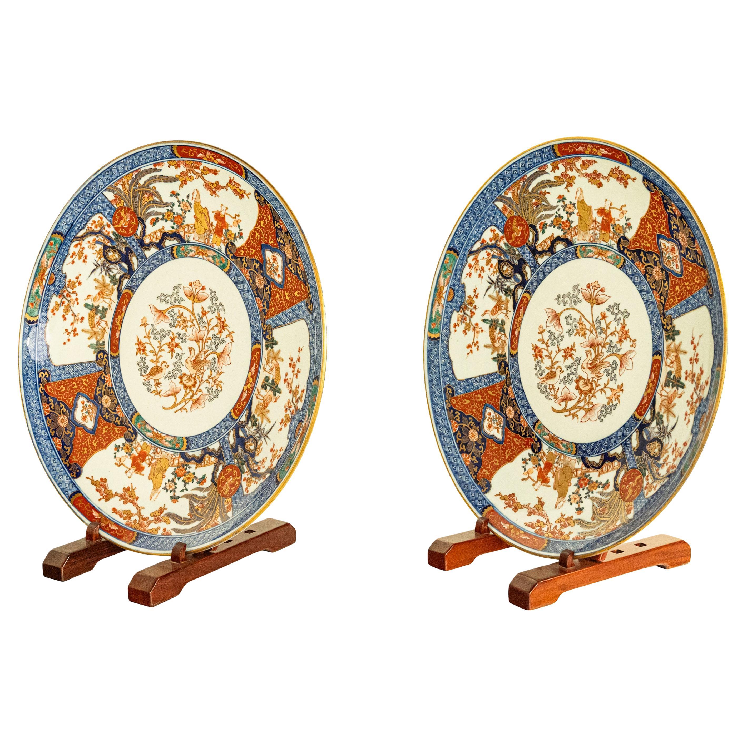 Monumental 22" Pair Antique Japanese Meiji Porcelain Imari Chargers Plates 1880 For Sale