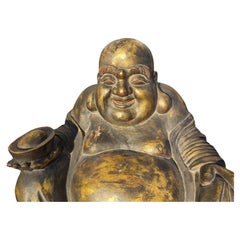 Monumental 23" Antique Chinese Gilt Wood Budai Hotai Buddha On Lotus Seat c.1940
