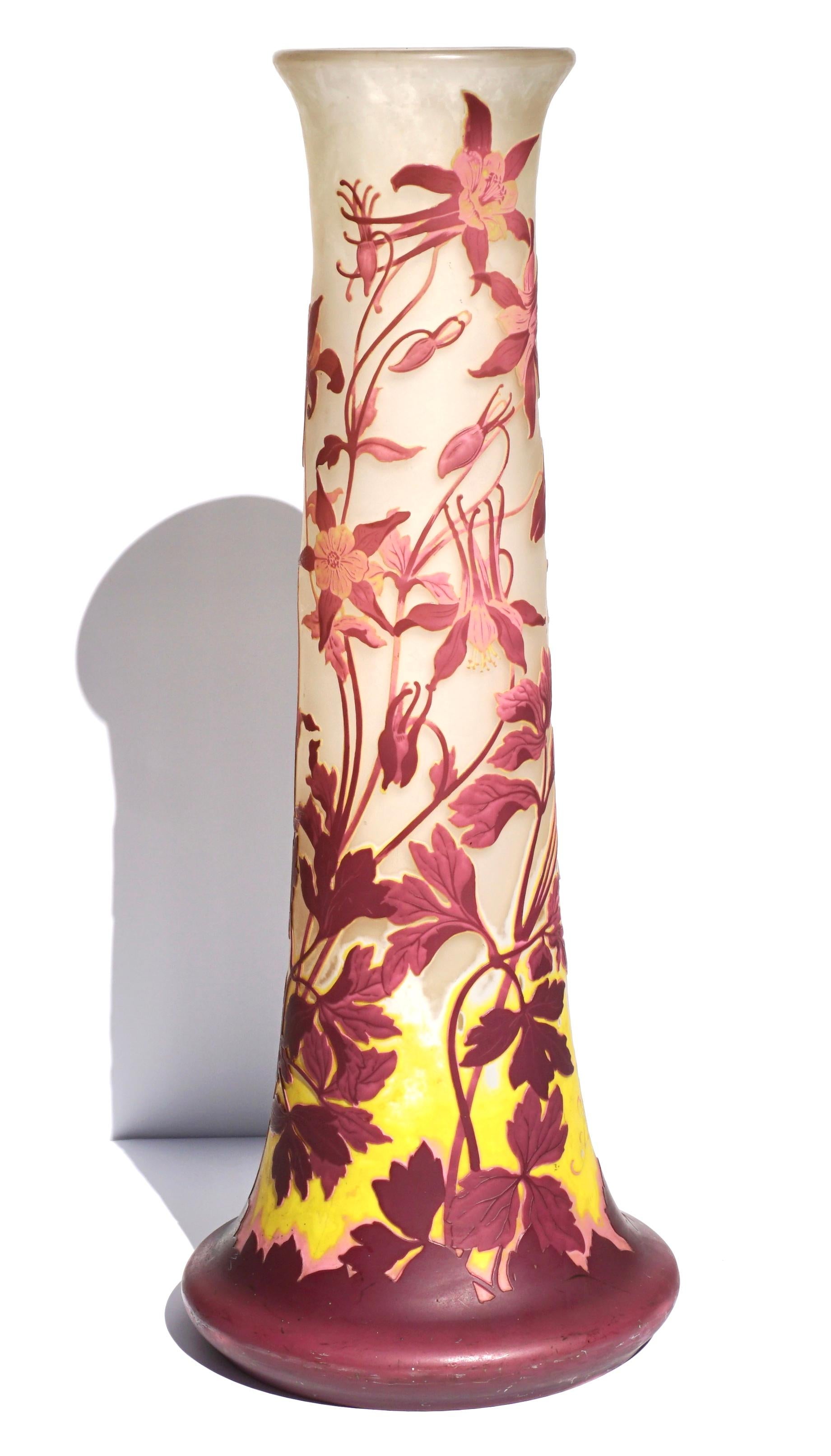 Art Nouveau Monumental 24’ Emile Galle Four Color Cameo Vase For Sale