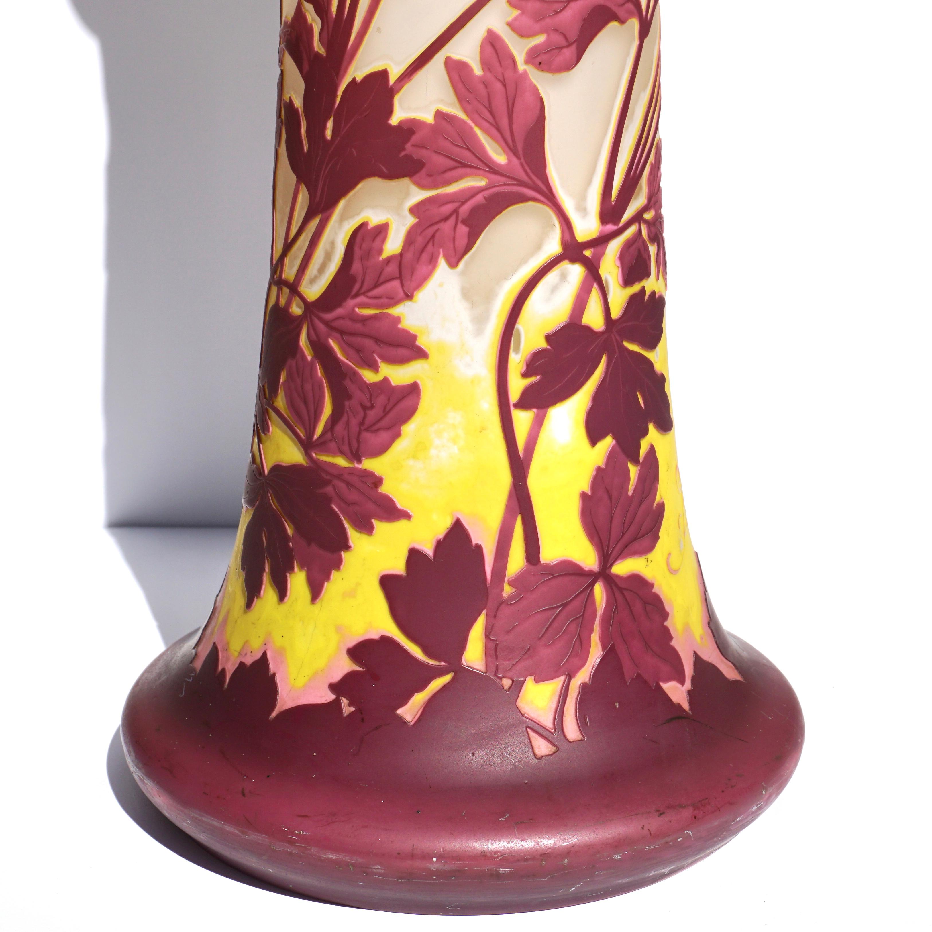 Art Glass Monumental 24’ Emile Galle Four Color Cameo Vase For Sale
