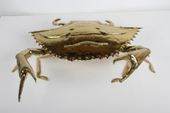 Monumental 28”w 1970s Handwrought Brass Crab Sculpture Hinged Box with Gem Eyes