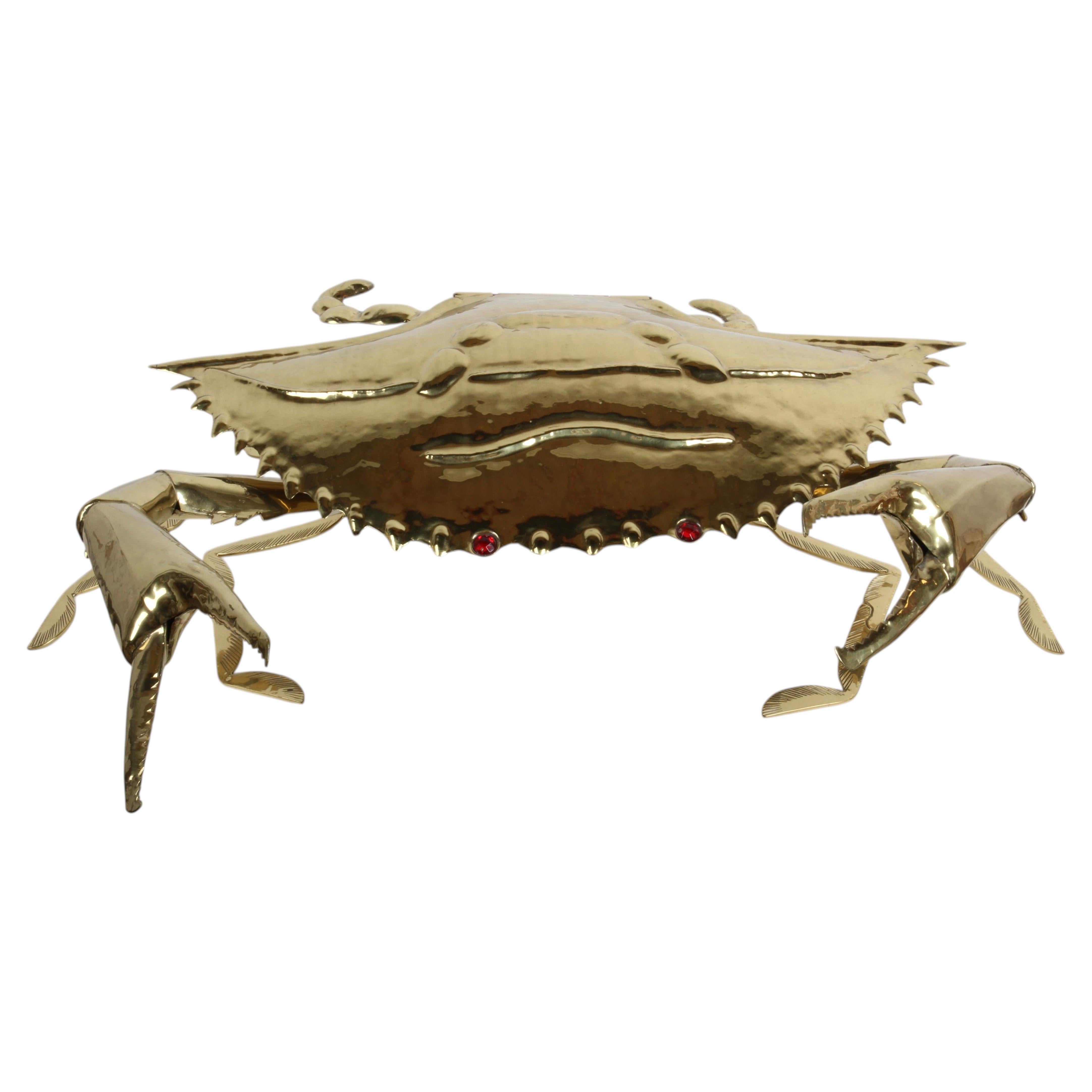 Monumental 28”w 1970s Handwrought Brass Crab Sculpture Hinged Box with Gem Eyes For Sale