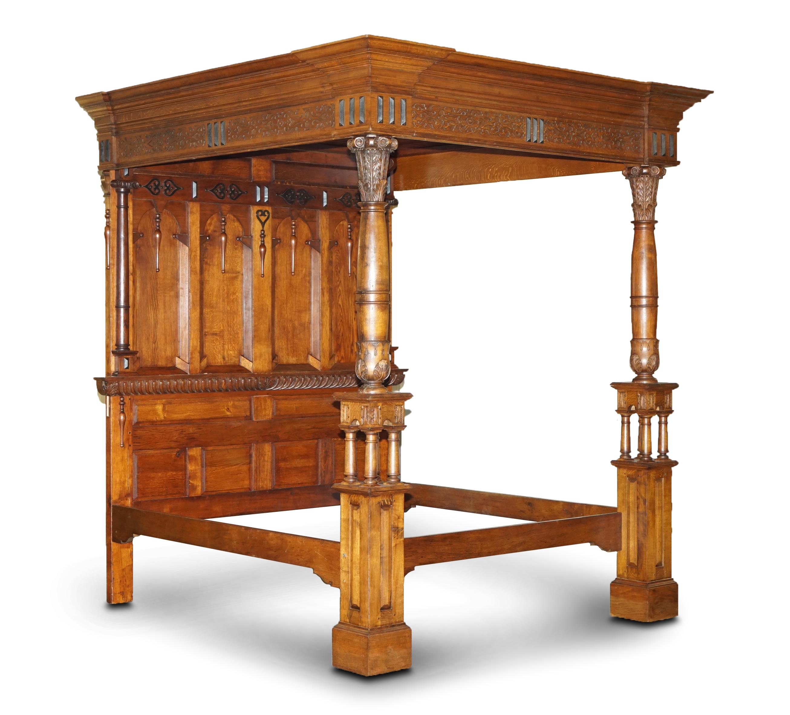 Royal House Antiques is delighted to offer for sale this absolutely enormous 9 feet 9 inch tall Antique circa 1880-1900 hand carved English Burr Oak Emperor size Tester bed frame which is the largest I have ever seen 

Please note the delivery fee