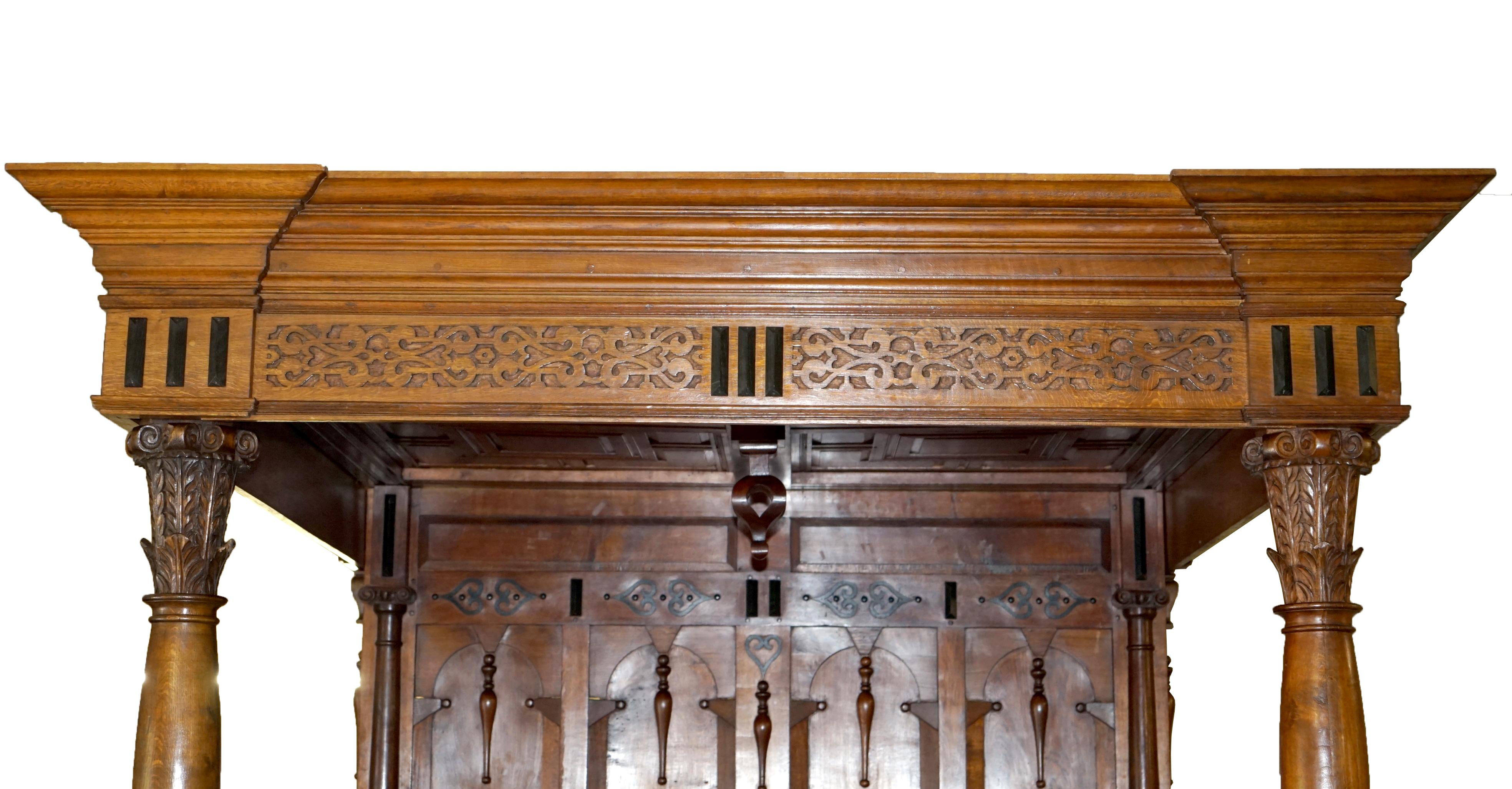 19th Century MONUMENTAL 3 METER EMPEROR ANTIQUE CiRCA 1880 CARVED ENGLISH BURR OAK TESTER BED For Sale