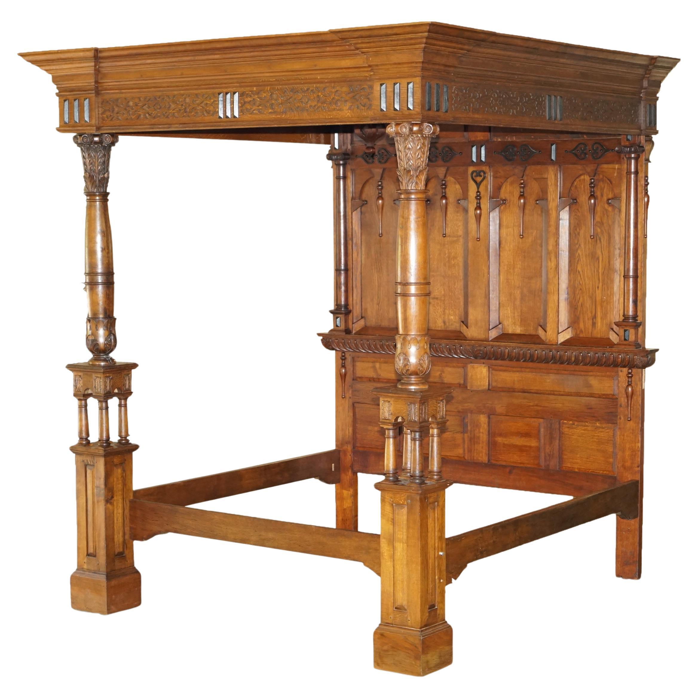 MONUMENTAL 3 METER EMPEROR ANTIQUE CiRCA 1880 CARVED ENGLISH BURR OAK TESTER BED