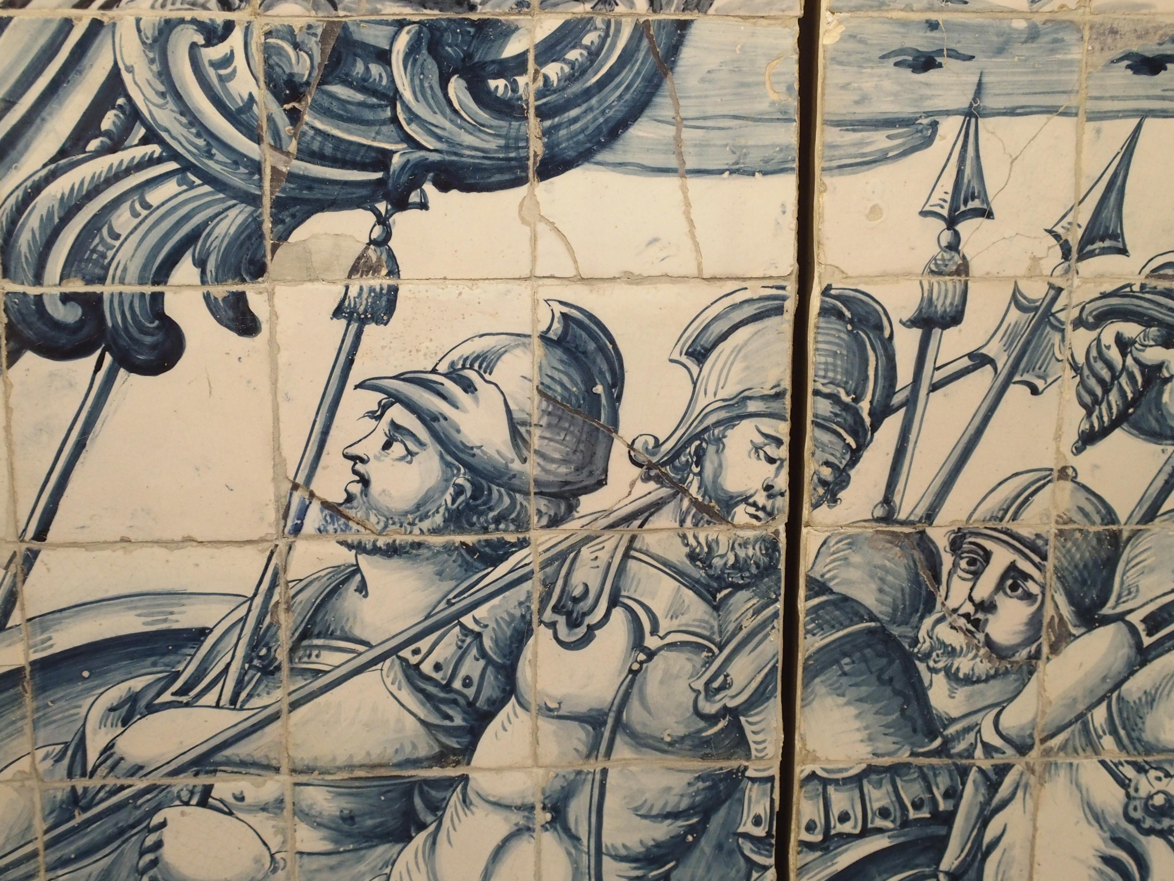 Hand-Painted Monumental 3-Piece 18th Century Azulejo Mural Panel from Portugal For Sale