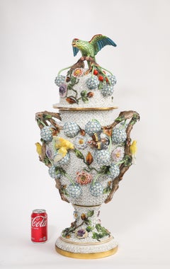 Monumental 32" Meissen Schneeballen Covered Vase with Parrot and Birds