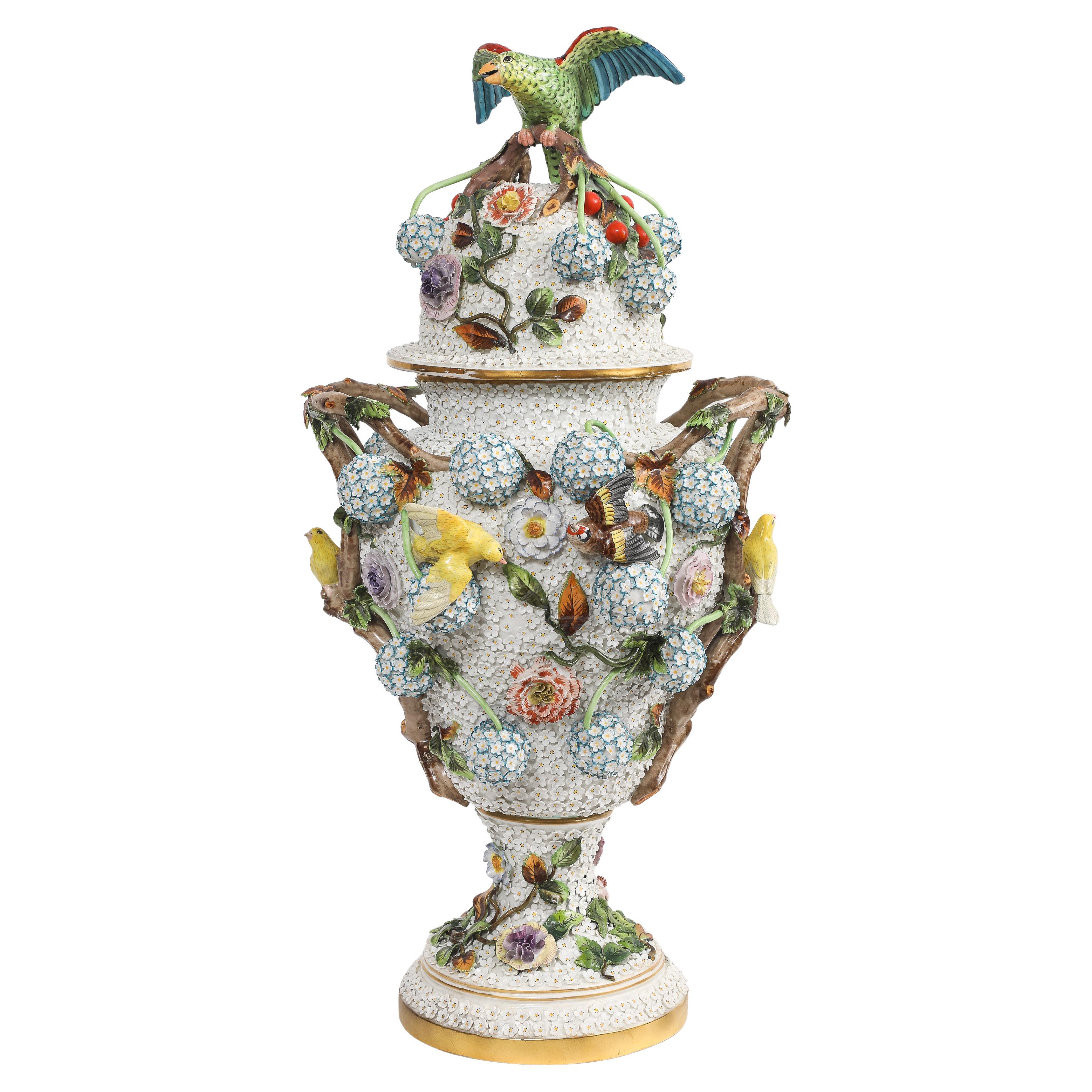 Monumental 32" Meissen Schneeballen Covered Vase with Parrot and Birds