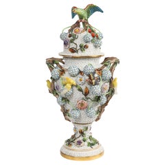 Monumental 32" Meissen Schneeballen Covered Vase with Parrot and Birds