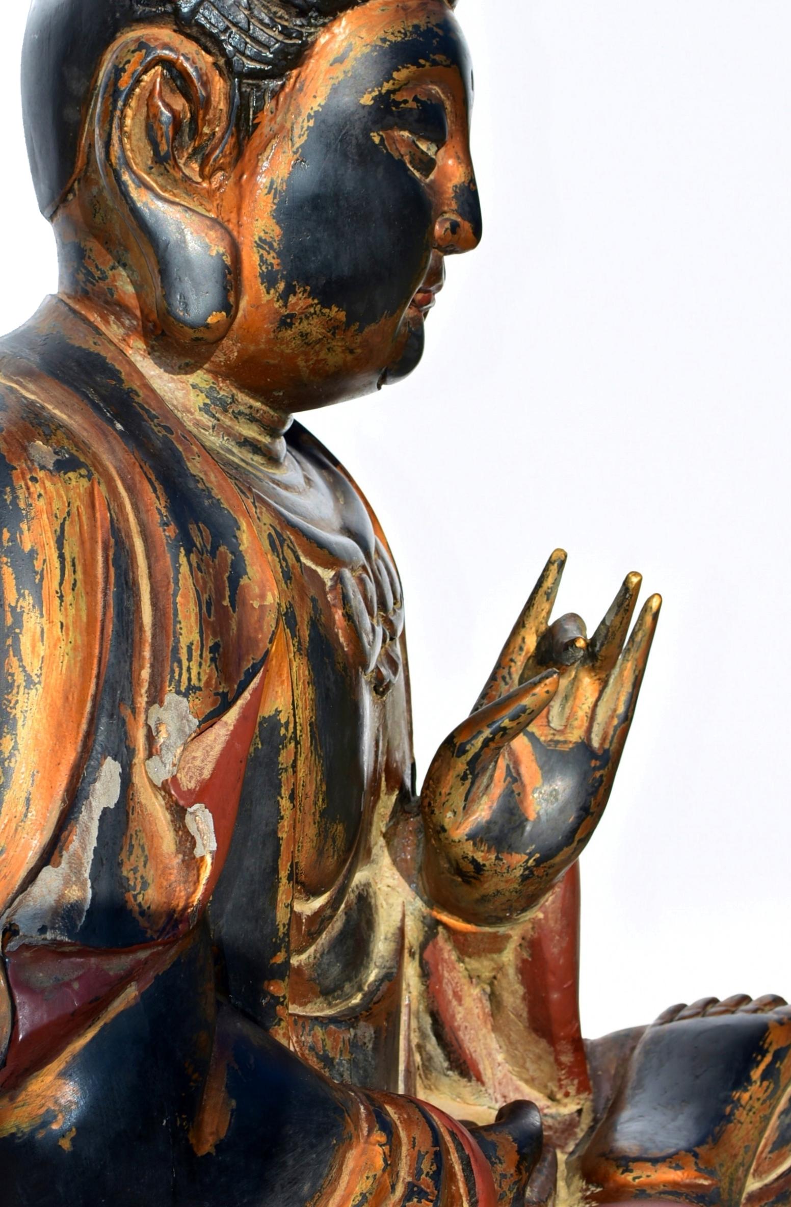 Monumental Wooden Buddha Statue Over 3ft Tall For Sale 10