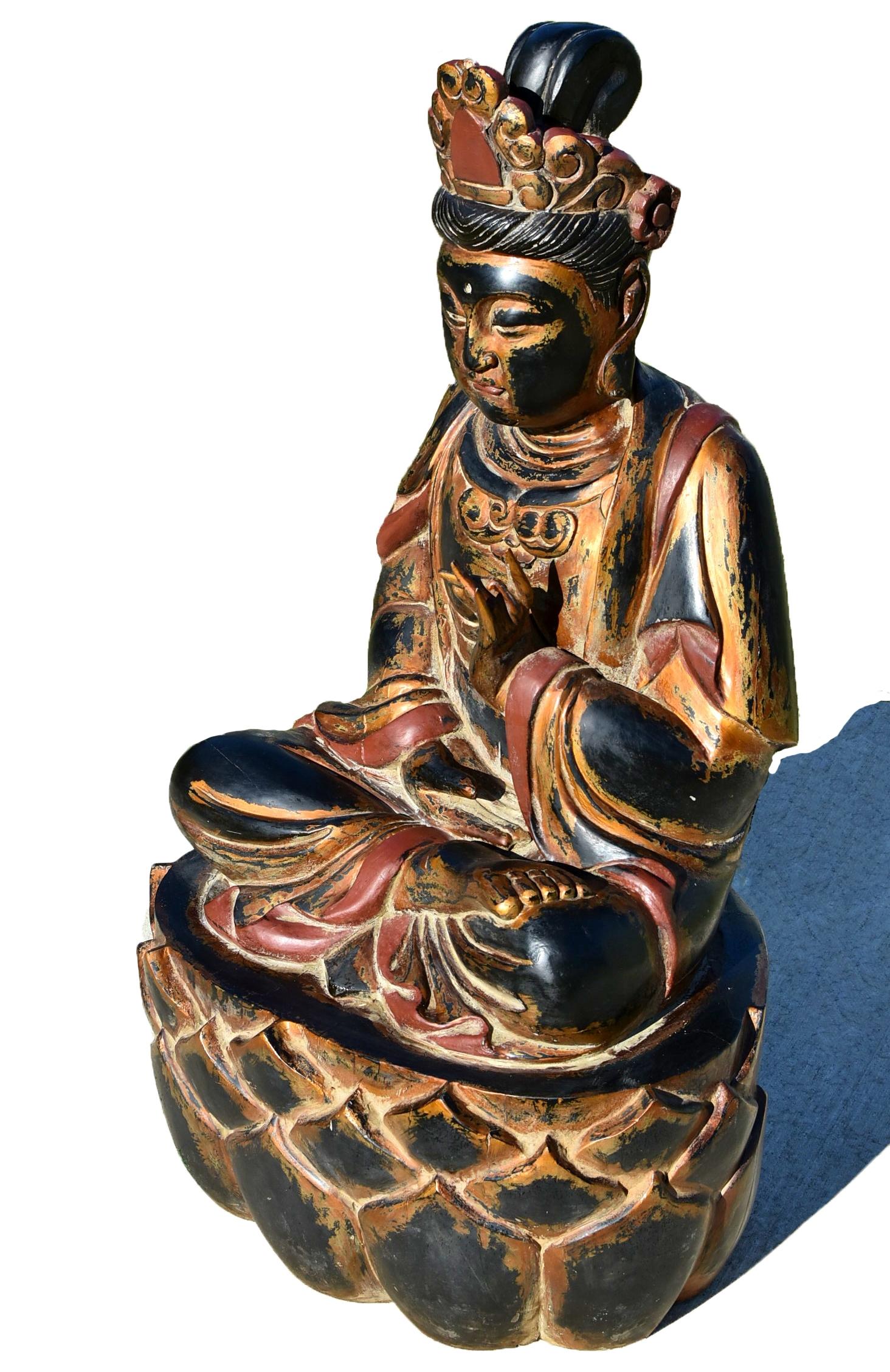 Tang Monumental Wooden Buddha Statue Over 3ft Tall For Sale