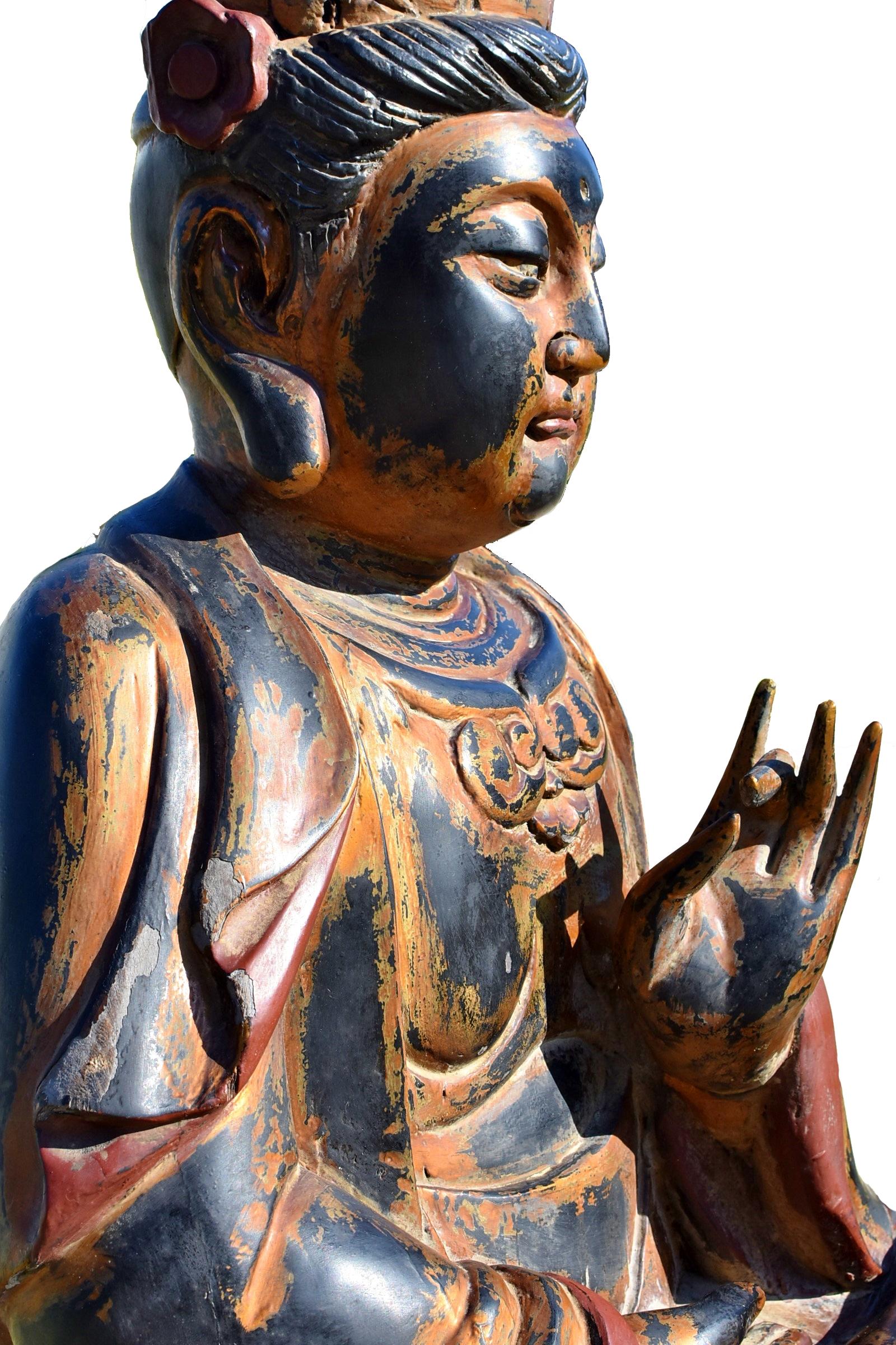 Monumental Wooden Buddha Statue Over 3ft Tall In Good Condition For Sale In Somis, CA