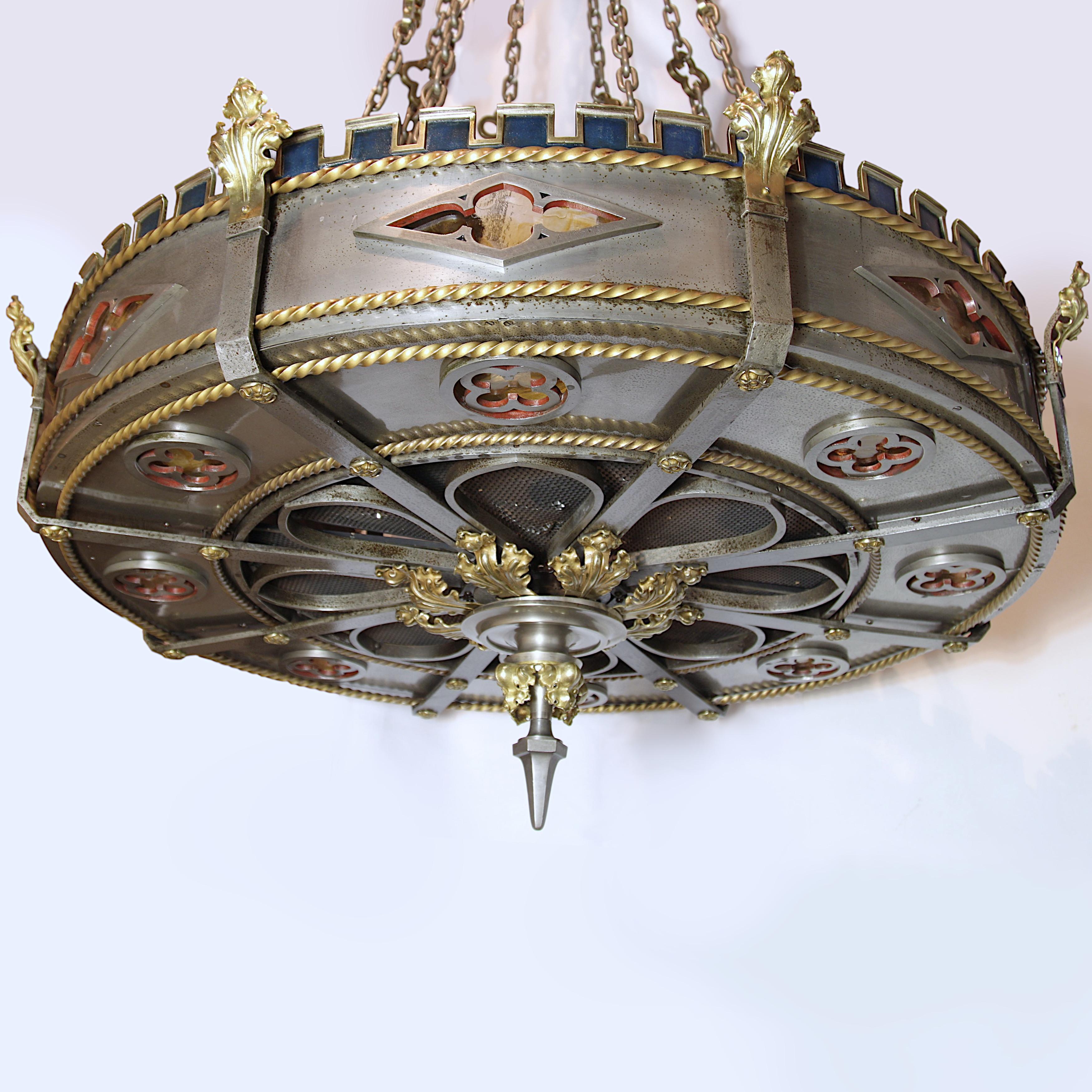 American Monumental Detroit Gothic Medieval Renaissance Revival Brass & Steel Chandelier For Sale