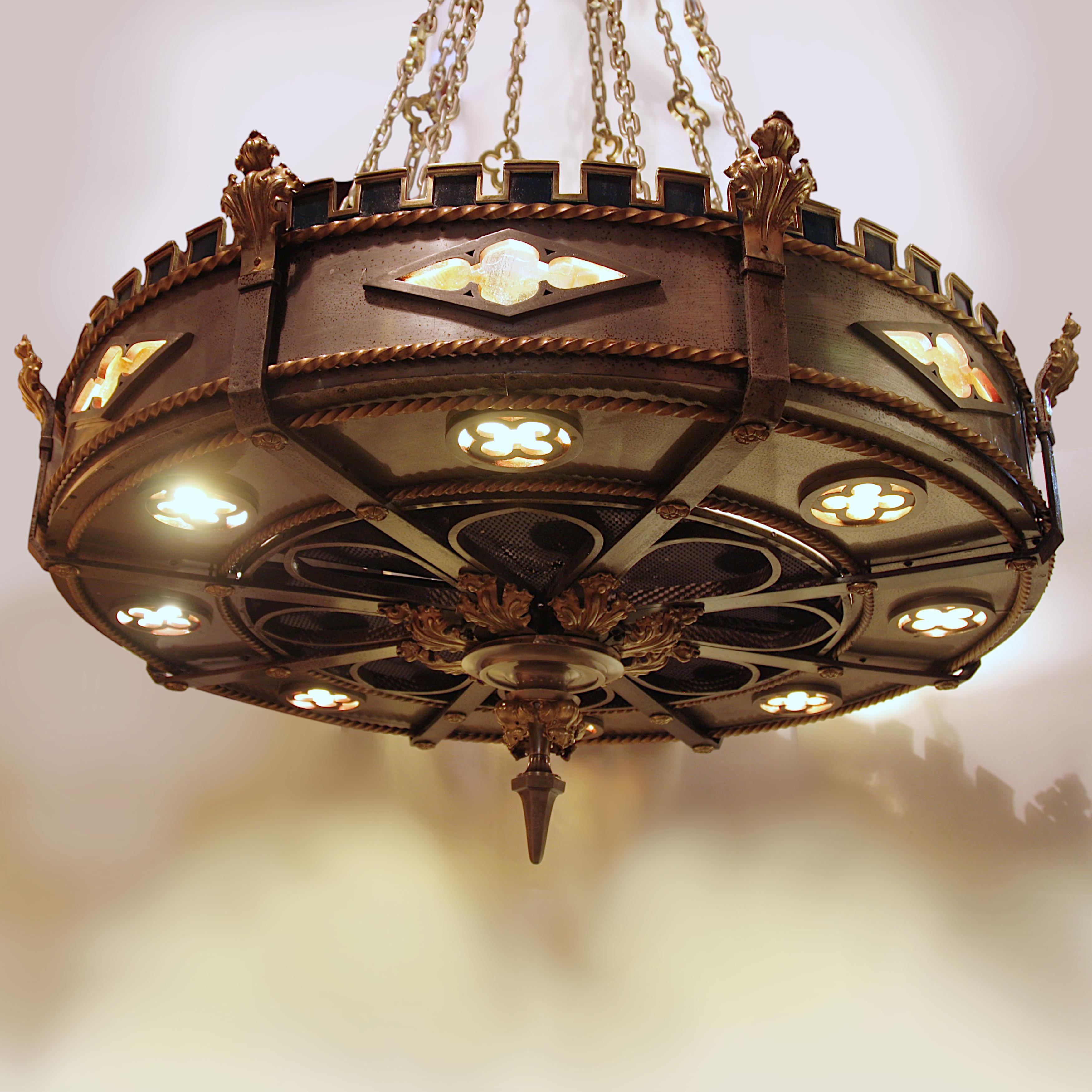 Gilt Monumental Detroit Gothic Medieval Renaissance Revival Brass & Steel Chandelier For Sale