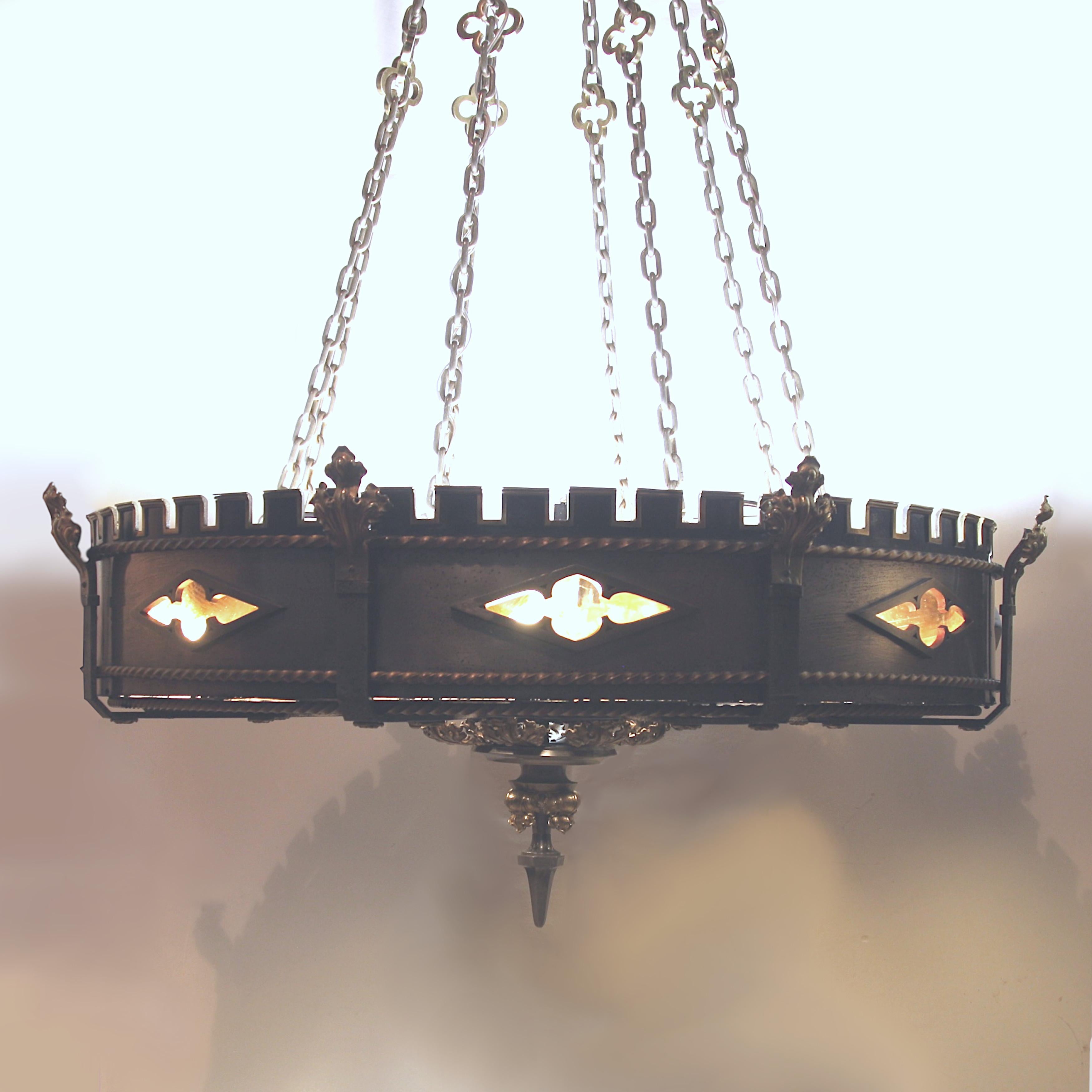 Monumental Detroit Gothic Medieval Renaissance Revival Brass & Steel Chandelier In Excellent Condition In Lafayette, IN