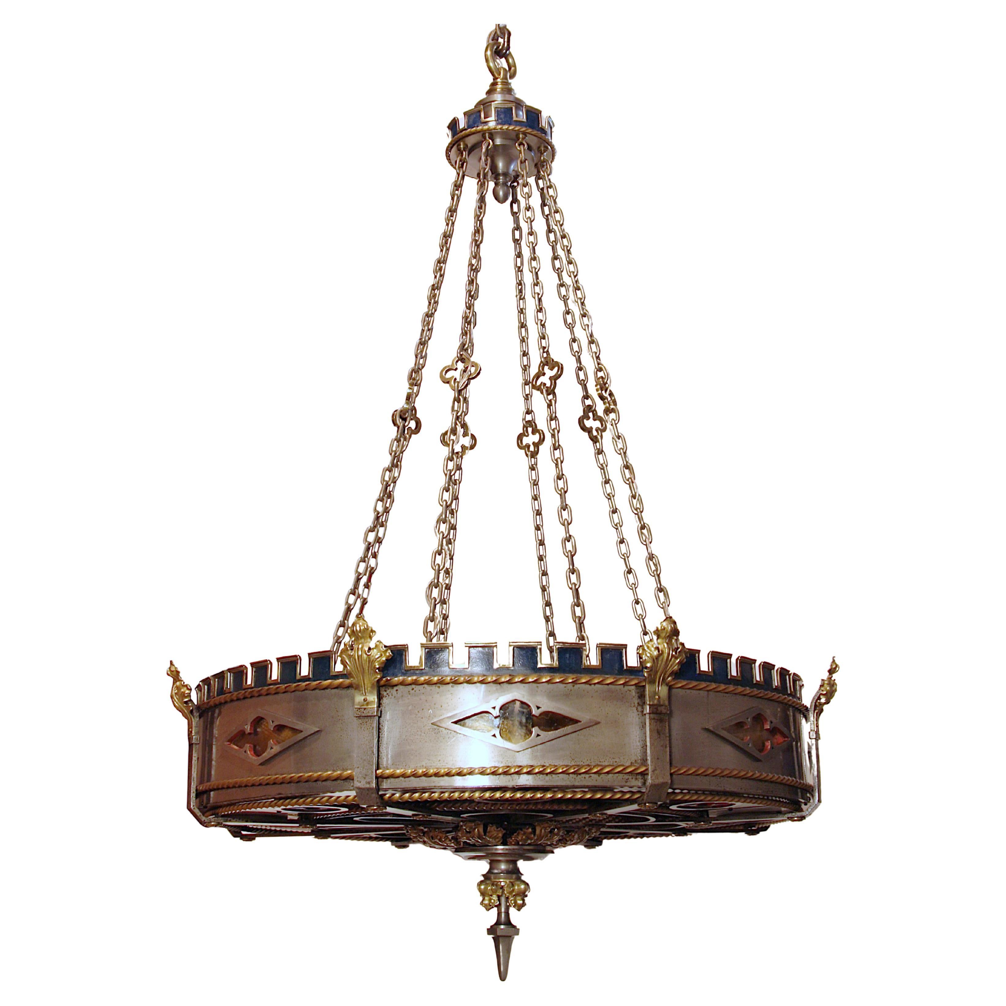 Monumental Detroit Gothic Medieval Renaissance Revival Brass & Steel Chandelier For Sale