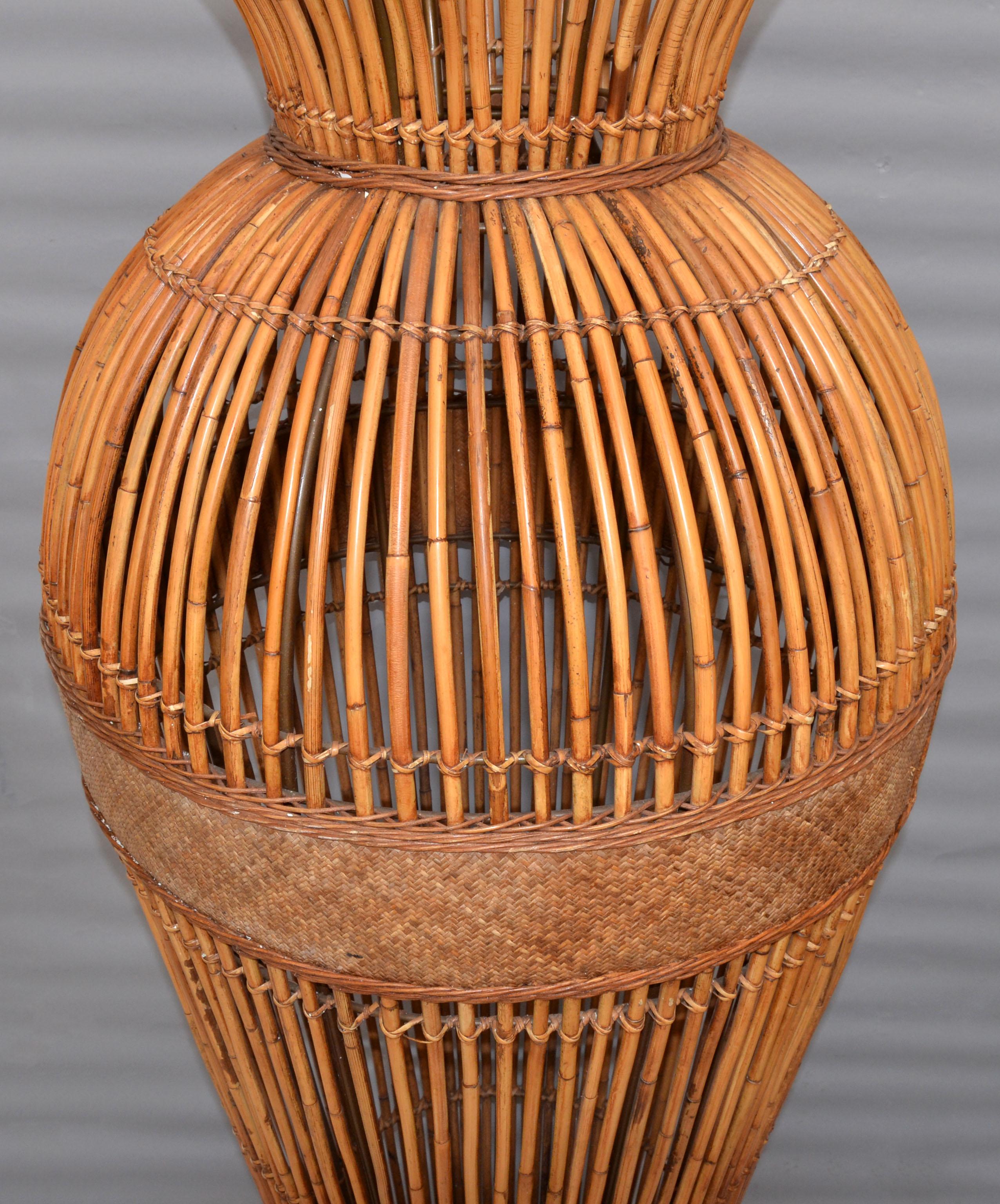 Monumental 6 Feet Mid-Century Modern Handcrafted Bamboo Brass & Cane Floor Vase For Sale 4