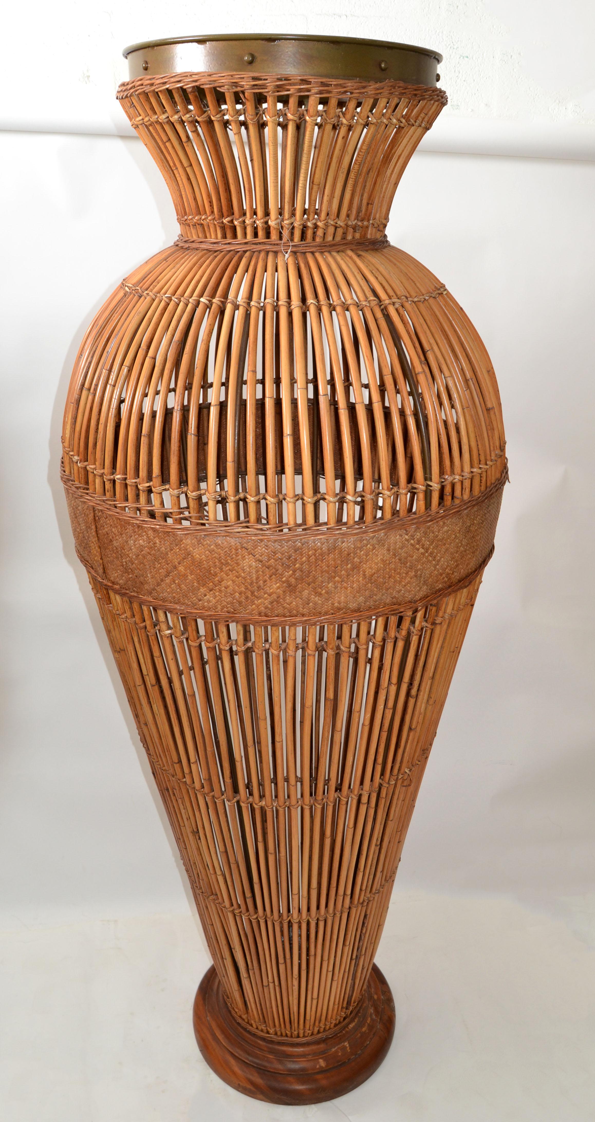 Monumental 6 Feet Mid-Century Modern Handcrafted Bamboo Brass & Cane Floor Vase For Sale 9