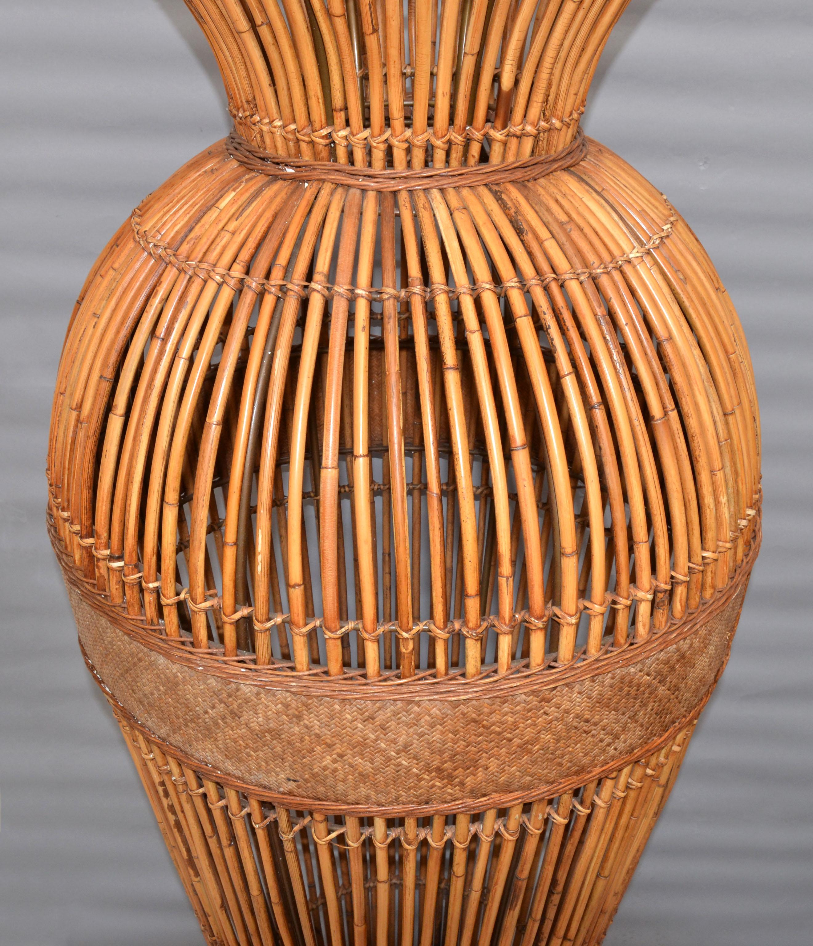 Hand-Crafted Monumental 6 Feet Mid-Century Modern Handcrafted Bamboo Brass & Cane Floor Vase For Sale