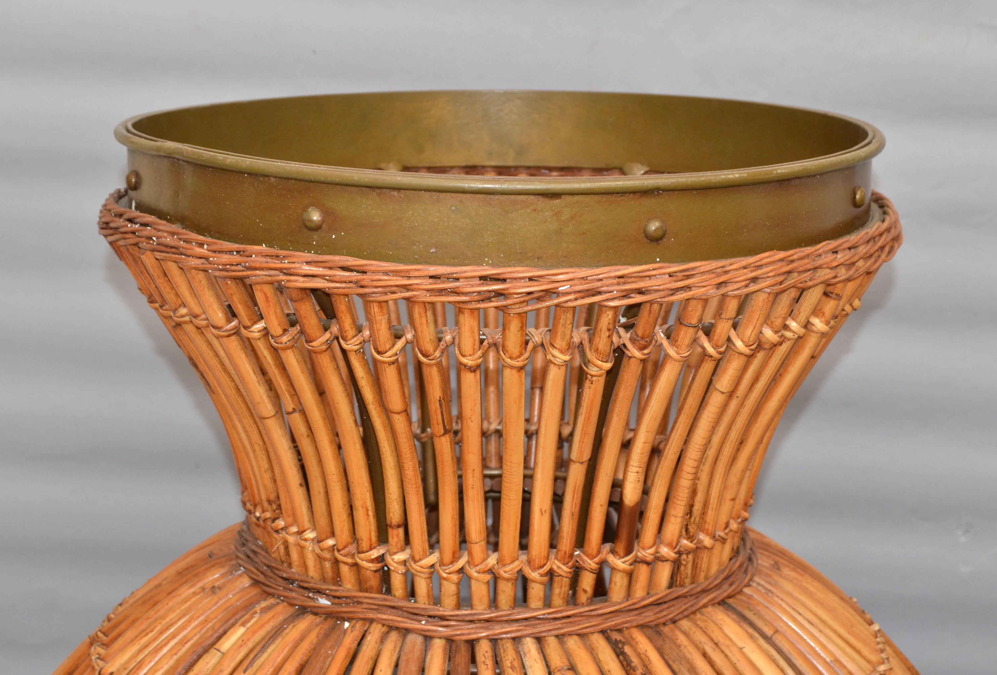 20th Century Monumental 6 Feet Mid-Century Modern Handcrafted Bamboo Brass & Cane Floor Vase For Sale