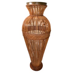 Vintage Monumental 6 Feet Mid-Century Modern Handcrafted Bamboo Brass & Cane Floor Vase