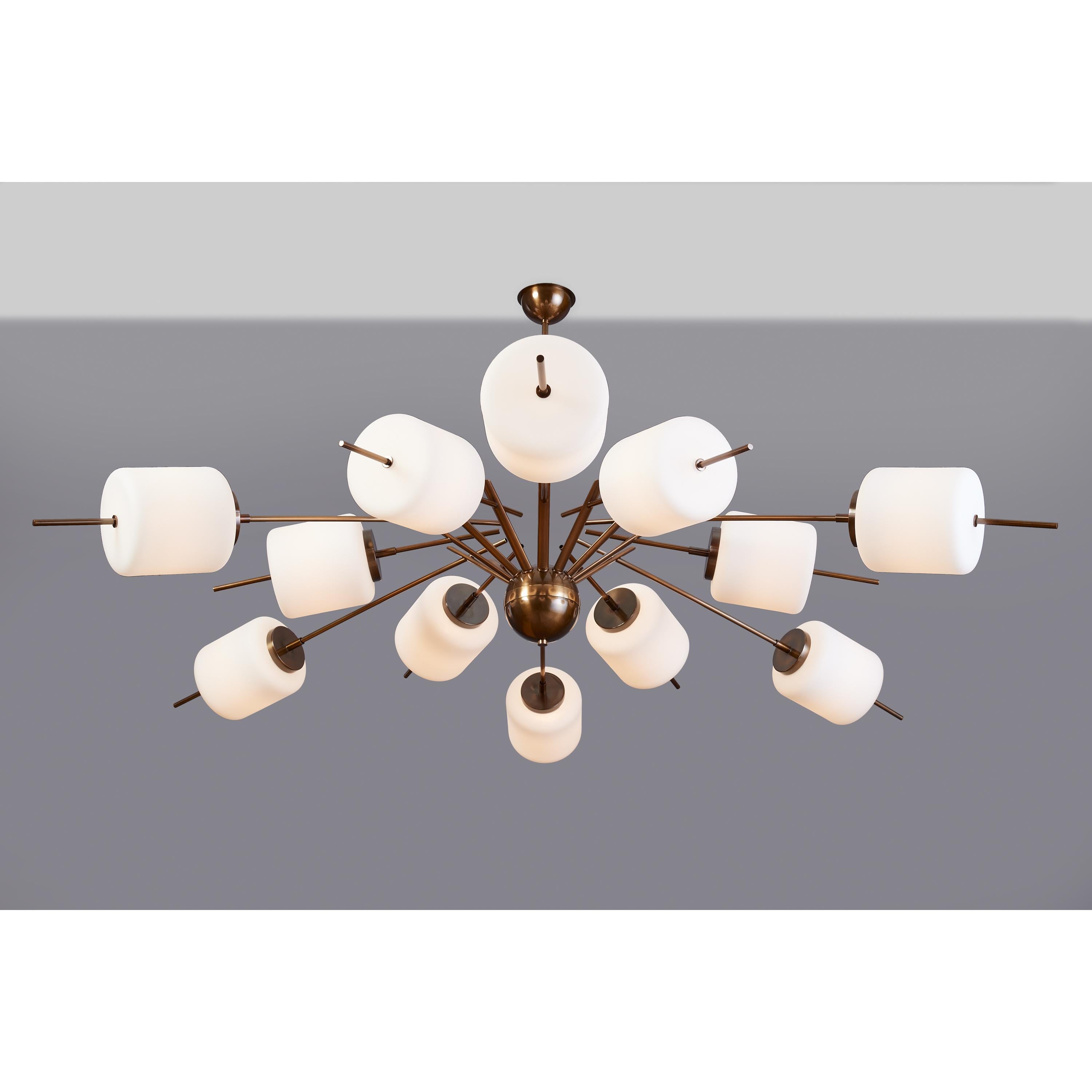 Mid-Century Modern Monumental Chandelier with Twelve Arms and White Glass Shades, Italy 1960s For Sale