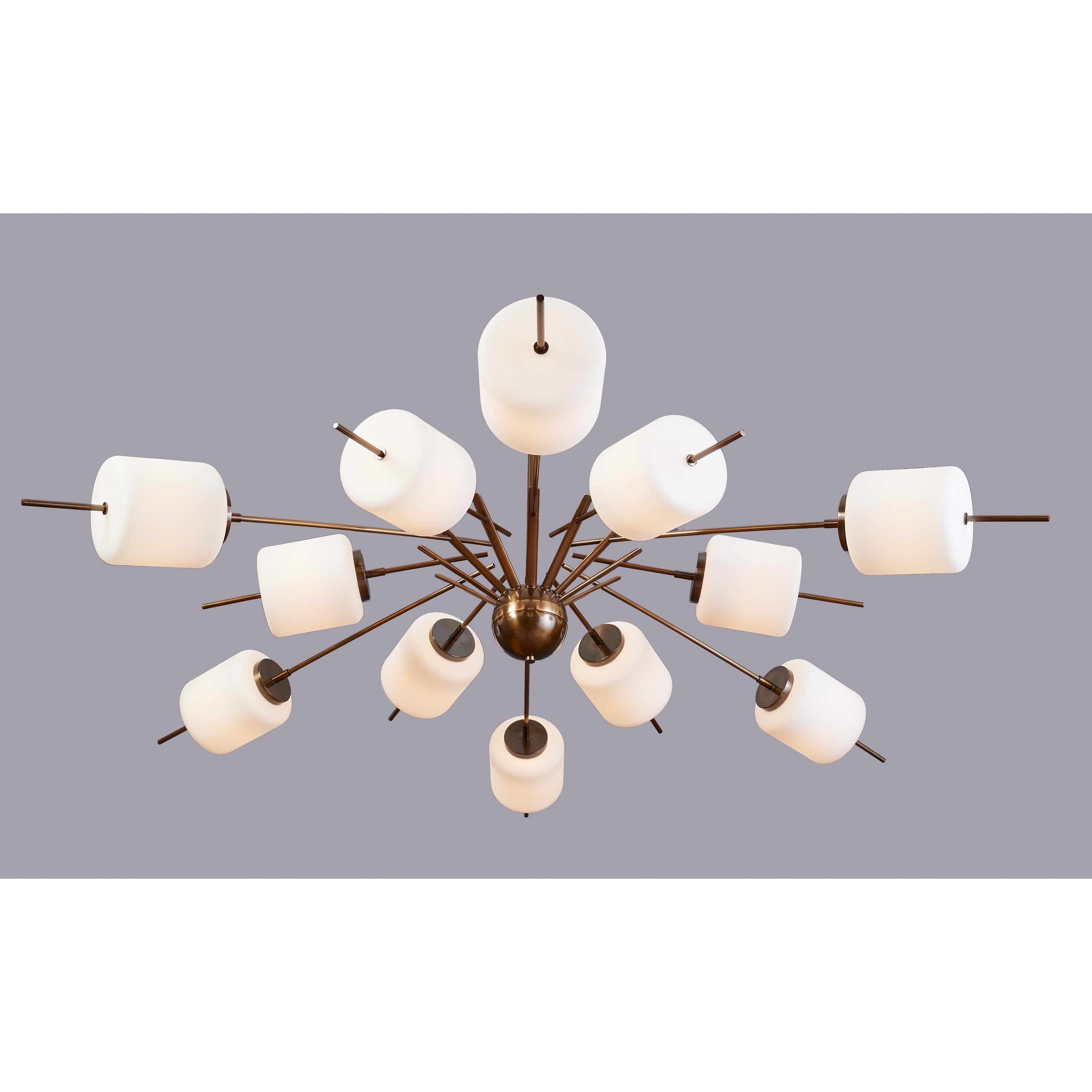 Monumental Chandelier with Twelve Arms and White Glass Shades, Italy 1960s In Good Condition For Sale In New York, NY