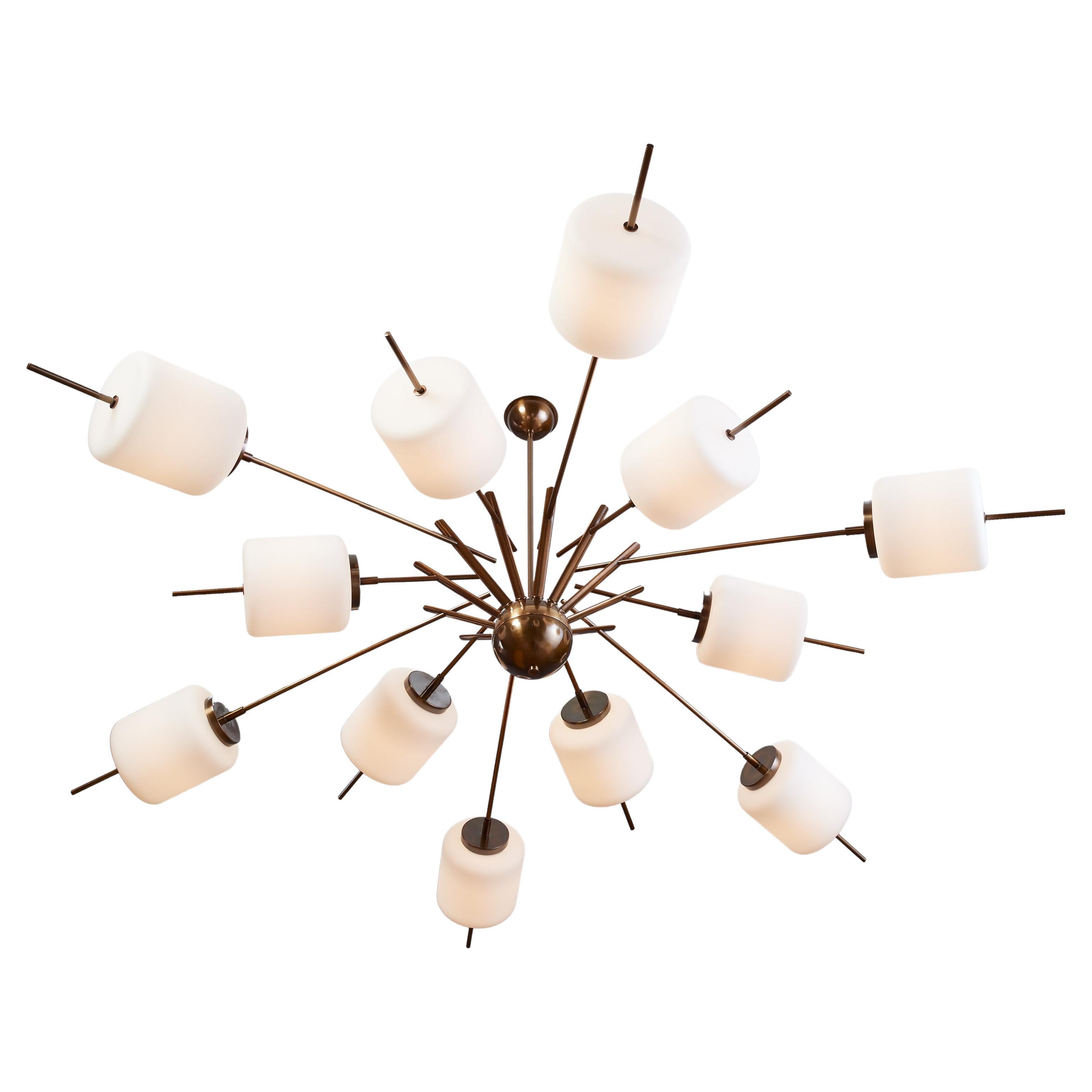 Monumental Chandelier with Twelve Arms and White Glass Shades, Italy 1960s For Sale