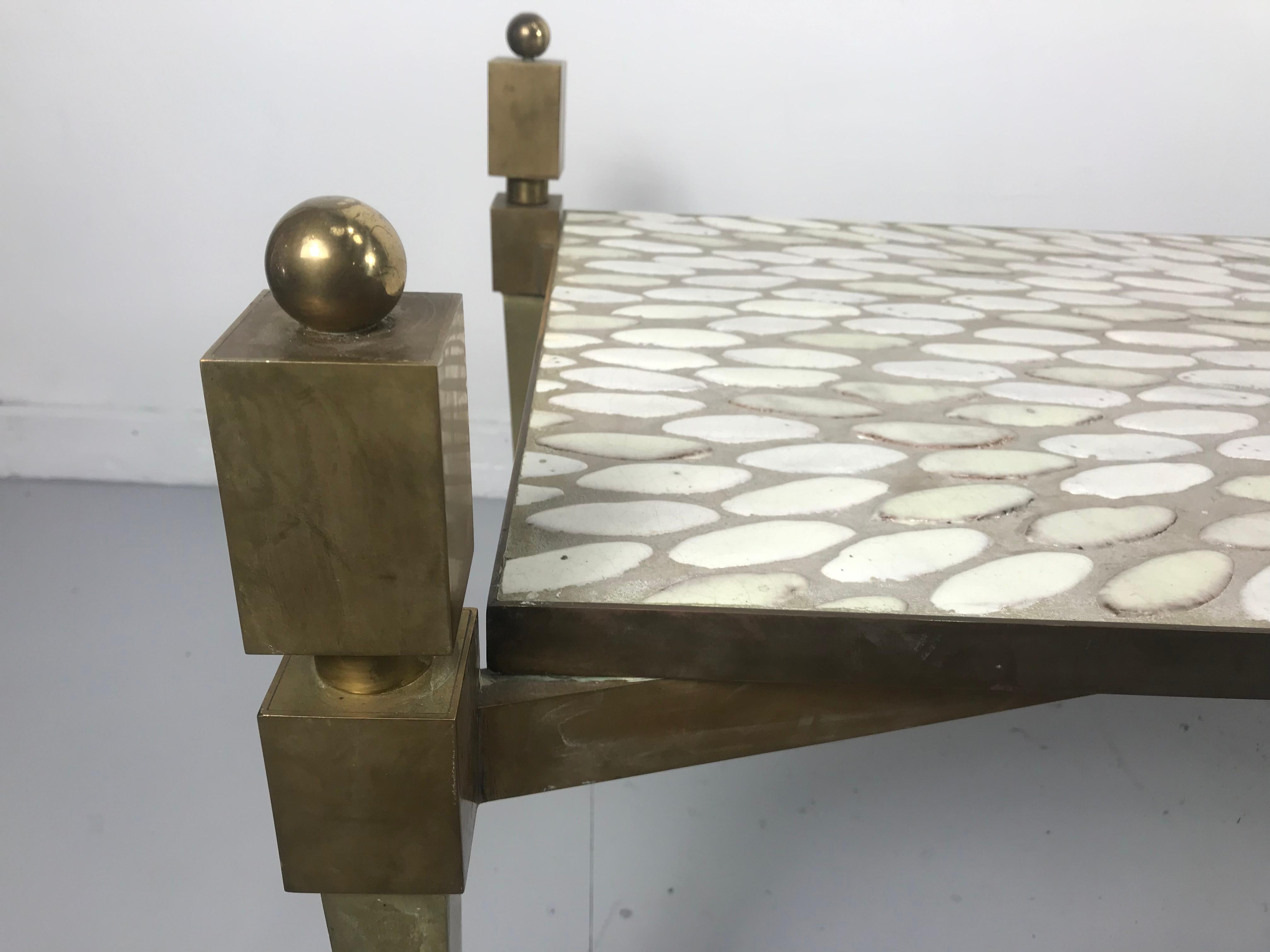 Monumental Italian Brass and Oval Mosiac Tile Coffee or Cocktail Table In Good Condition For Sale In Buffalo, NY