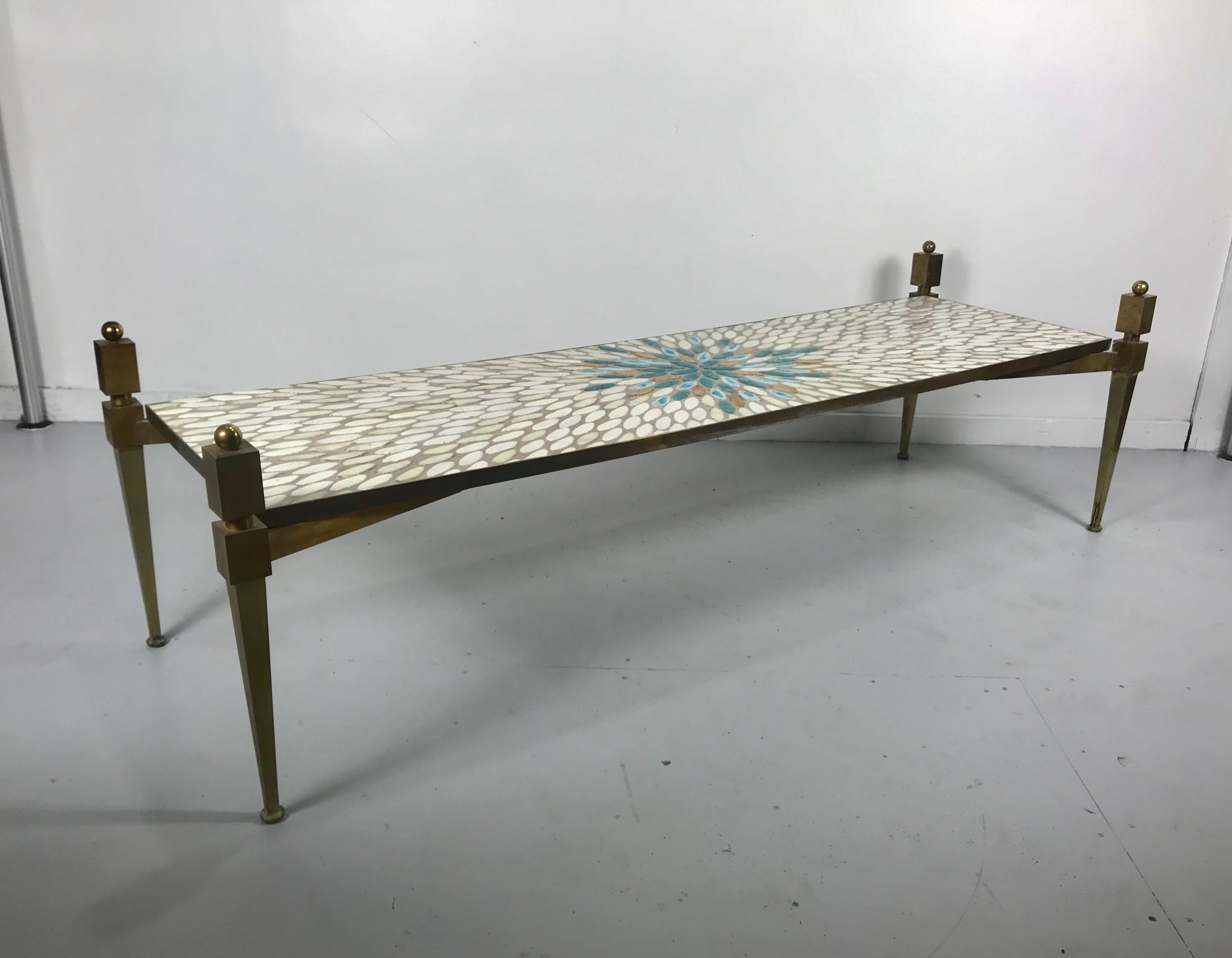 Mid-20th Century Monumental Italian Brass and Oval Mosiac Tile Coffee or Cocktail Table For Sale