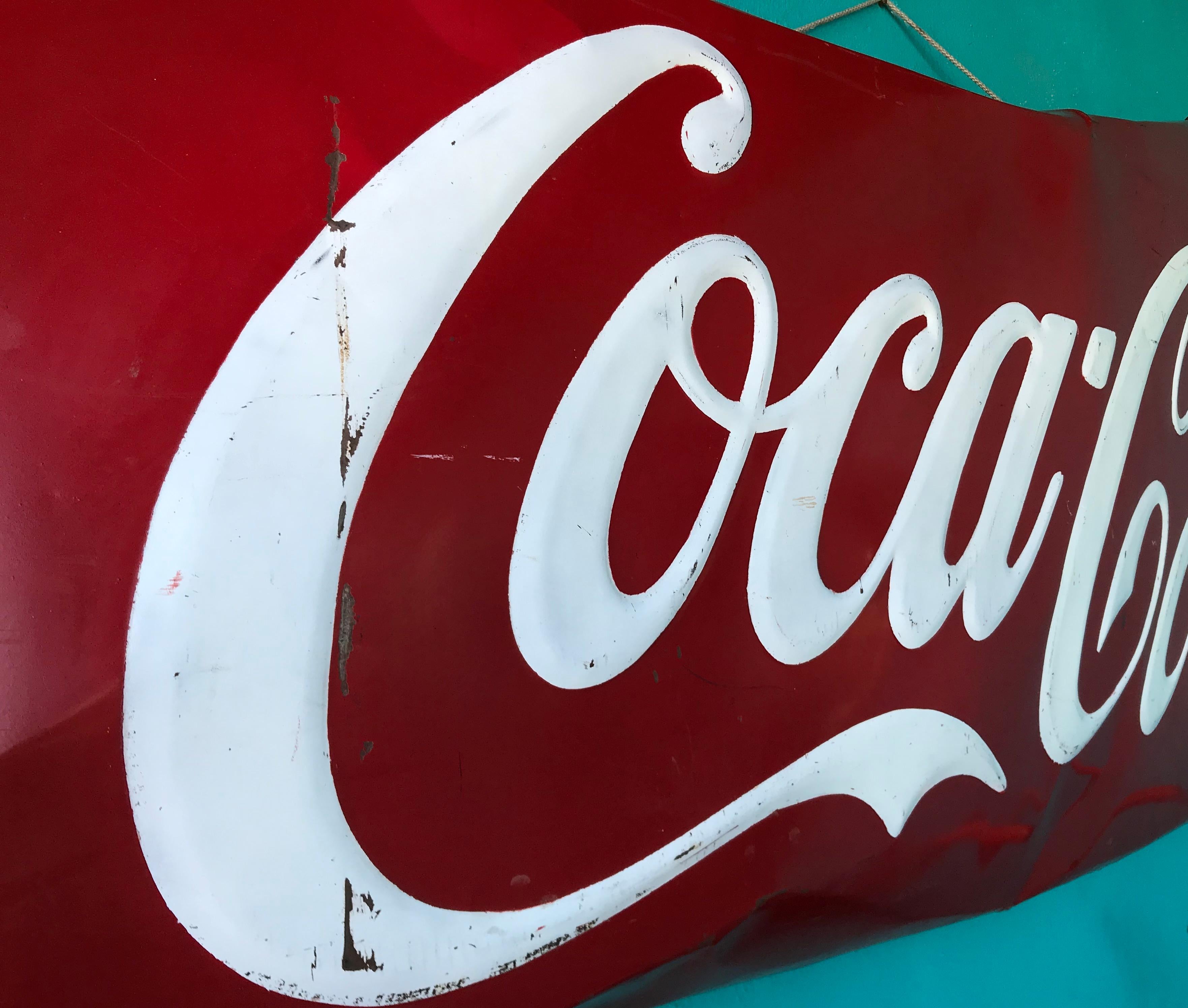 Painted Monumental 7ft Mexican Coca Cola Advertising Porcelain Sign, 1960s